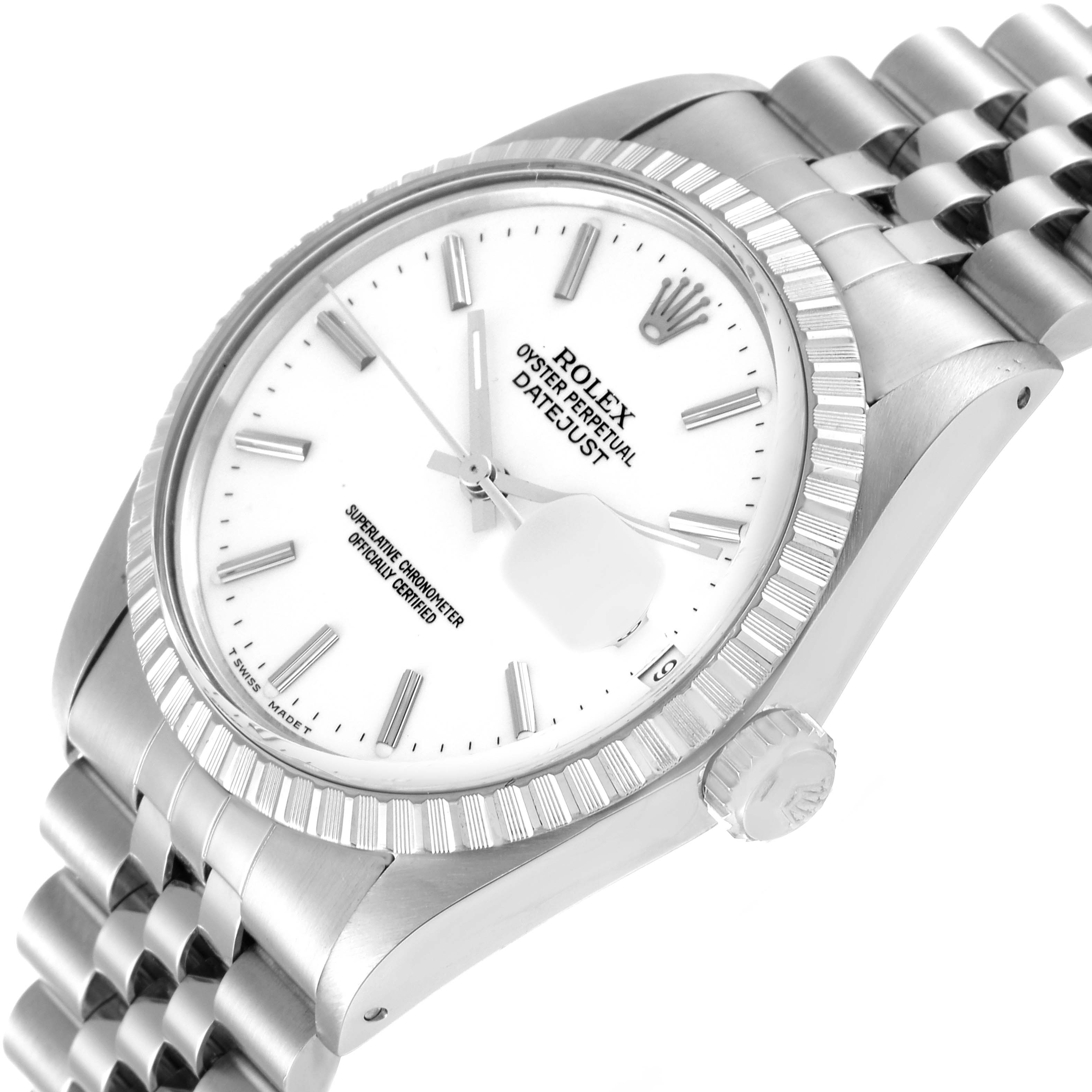 This image shows a partial side view of a Rolex Vintage Collection 16030 Men's Stainless Steel White Dial 16030 Men's Stainless Steel White Dial Oyster Perpetual Datejust watch, including the face, bezel, and bracelet.