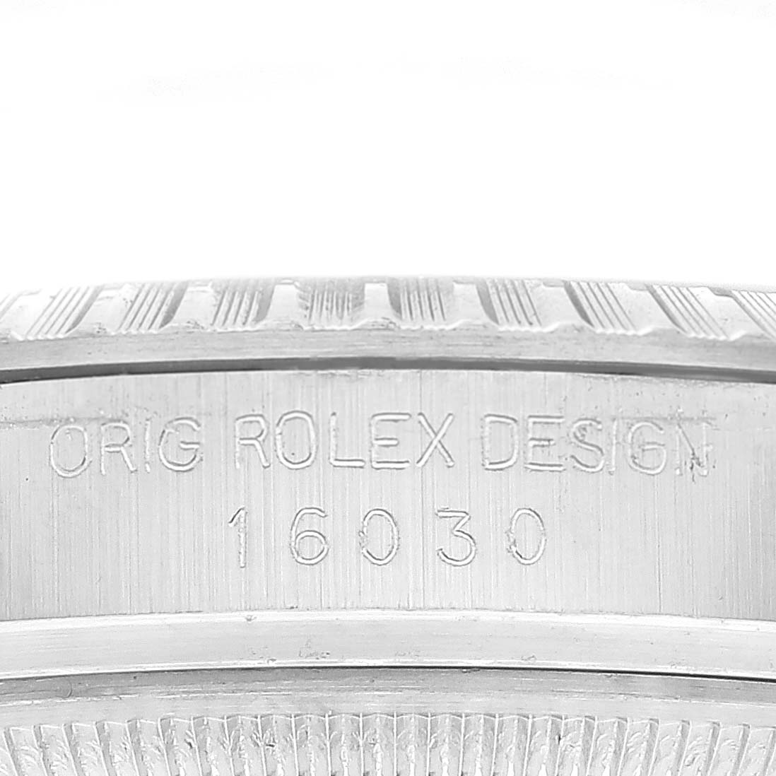 The image shows the engraved inner bezel with the model number of the Rolex Vintage Collection 16030 Men's Stainless Steel White Dial 16030 Men's Stainless Steel White Dial watch.