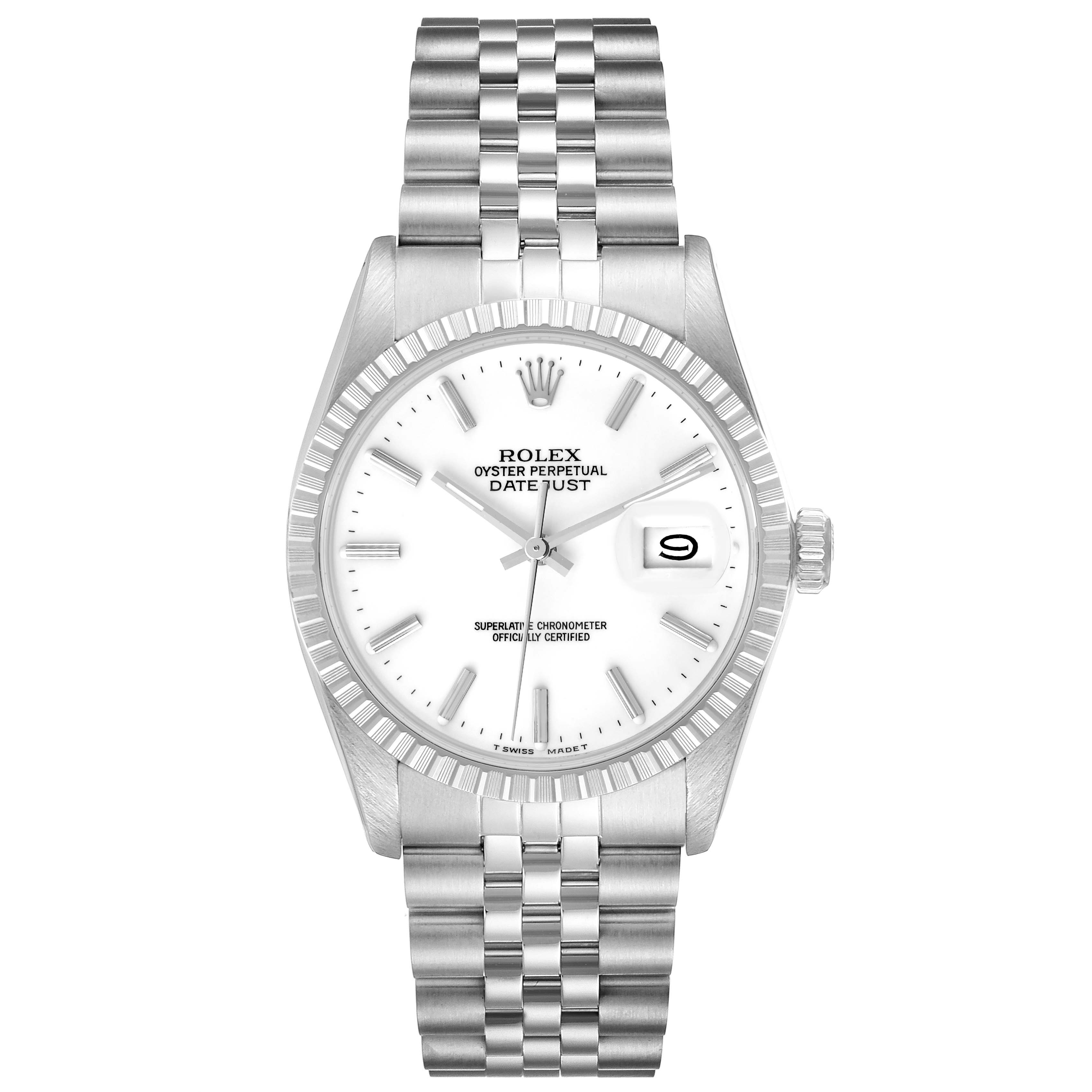 This is a front view of a Rolex Vintage Collection 16030 Men's Stainless Steel White Dial 16030 Men's Stainless Steel White Dial Oyster Perpetual Datejust watch, showing its dial, bezel, and bracelet.