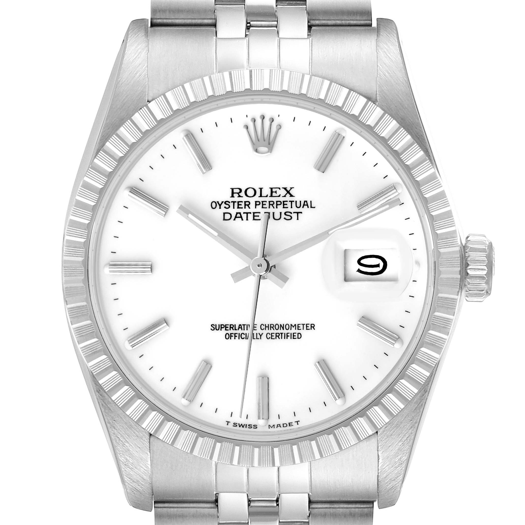 The image shows a front view of the face and parts of the band of the Rolex Vintage Collection 16030 Men's Stainless Steel White Dial 16030 Men's Stainless Steel White Dial Oyster Perpetual Datejust watch.