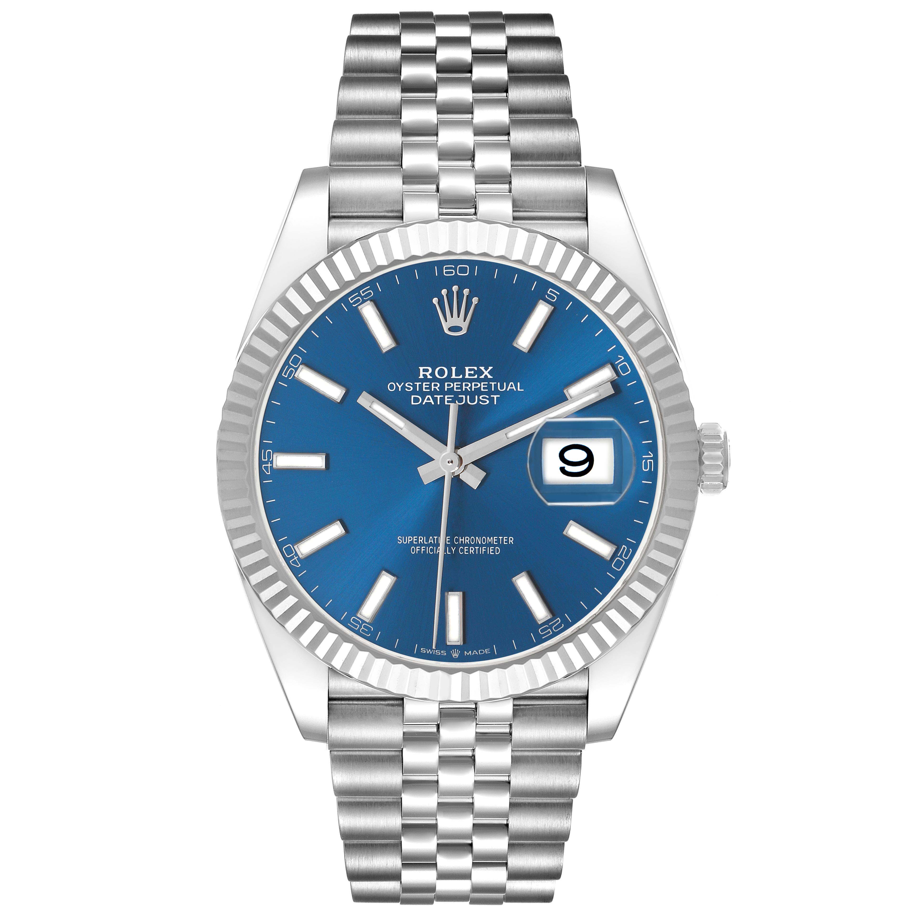 The Rolex Datejust 41 126334 Men's Stainless Steel Blue Dial is shown from a frontal angle, highlighting the blue dial, bezel, crown, and Jubilee bracelet.