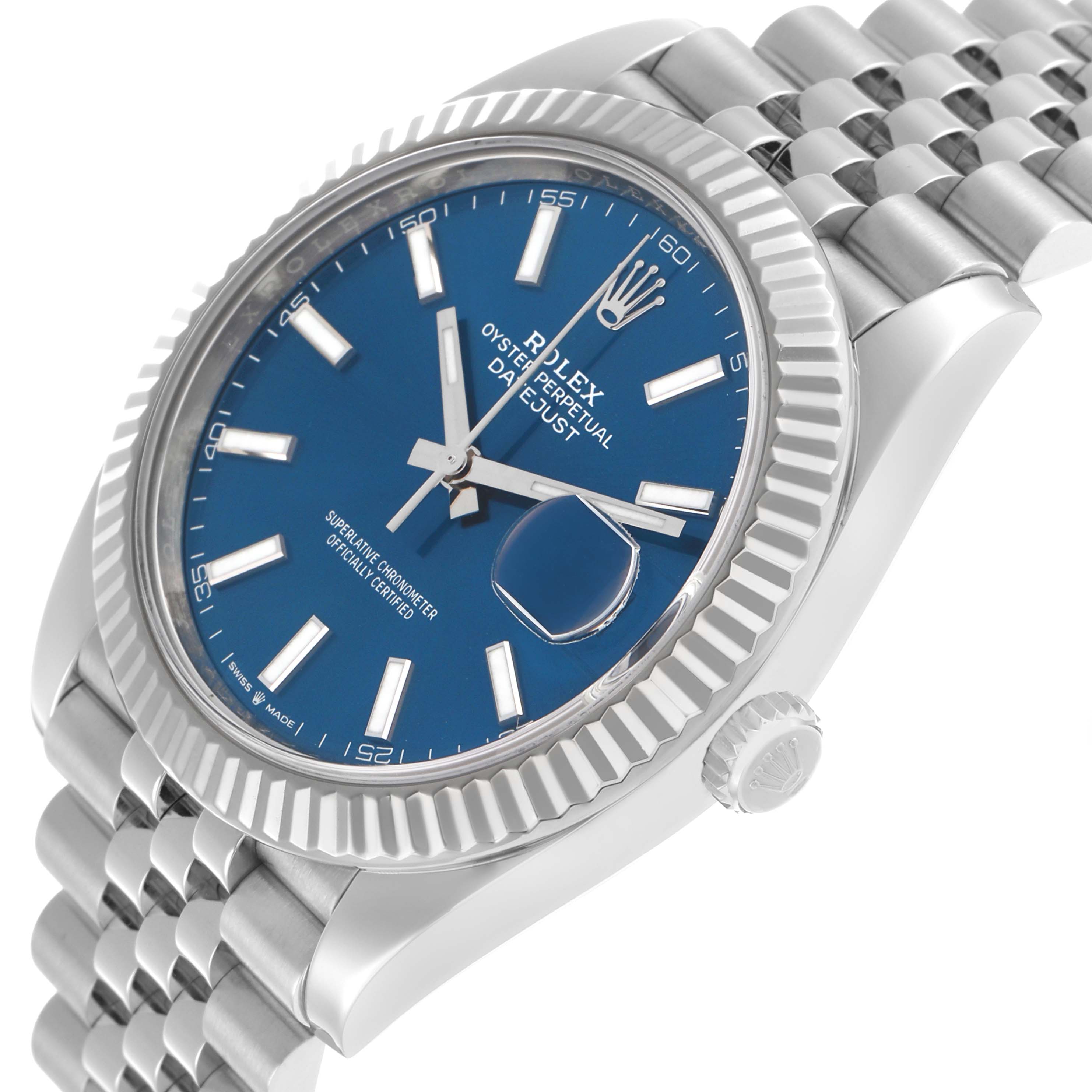 The Rolex Datejust 41 126334 Men's Stainless Steel Blue Dial is shown at a slight angle, highlighting the blue dial, fluted bezel, and Jubilee bracelet.