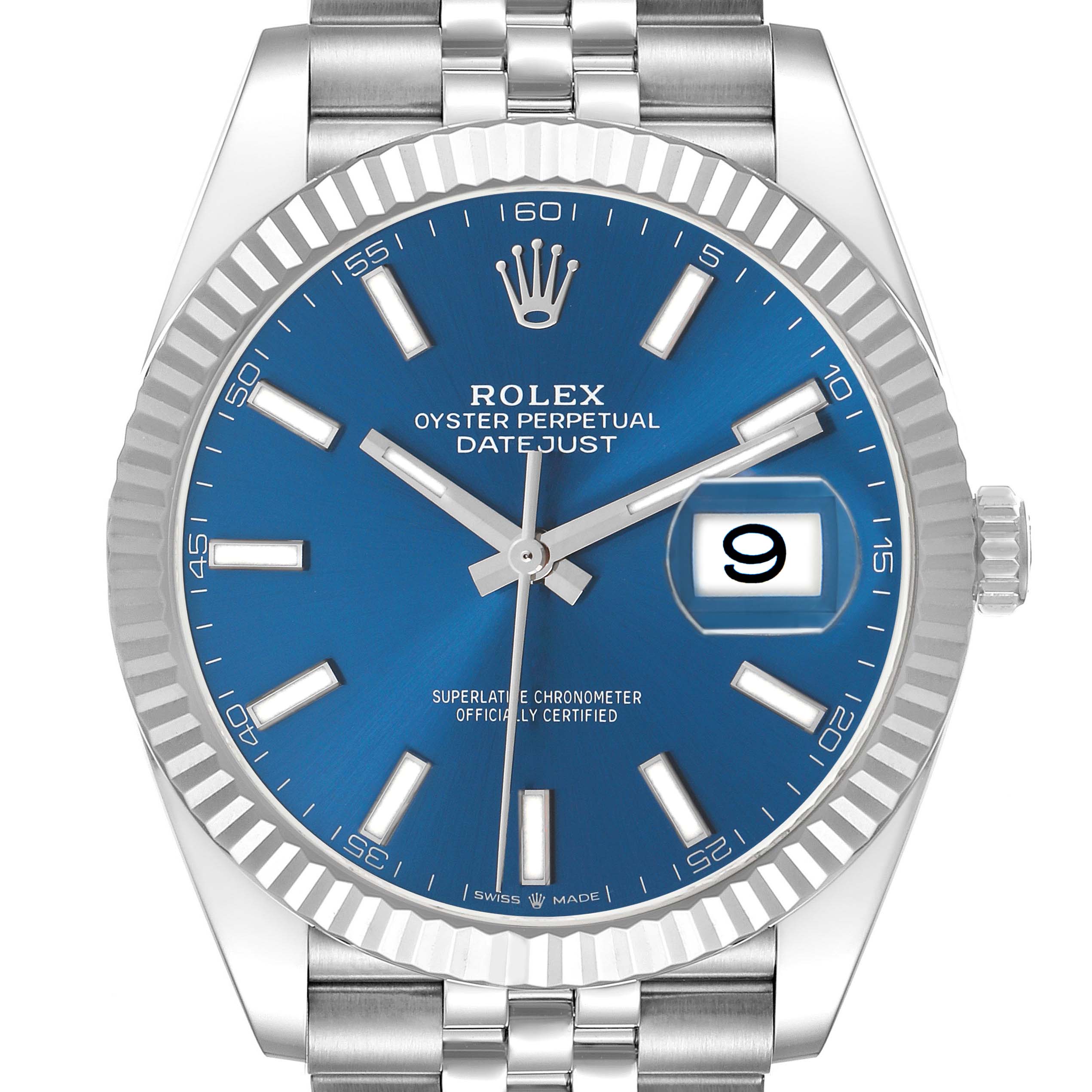 The Rolex Datejust 41 126334 Men's Stainless Steel Blue Dial is shown from the front, displaying the blue dial, fluted bezel, date window, and Jubilee bracelet.