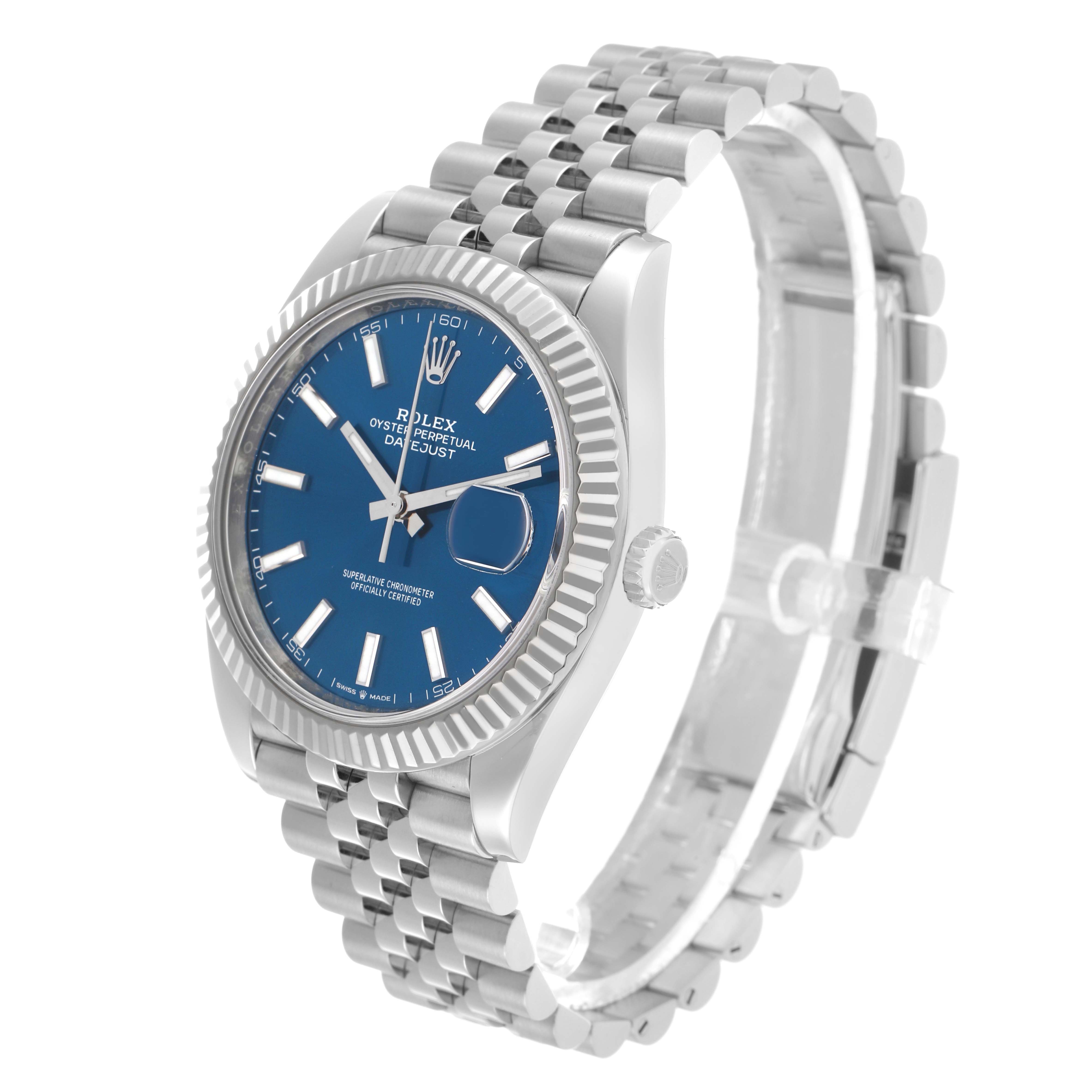 The Rolex Datejust 41 126334 Men's Stainless Steel Blue Dial is shown at a slight angle, highlighting the blue dial, fluted bezel, and Jubilee bracelet.
