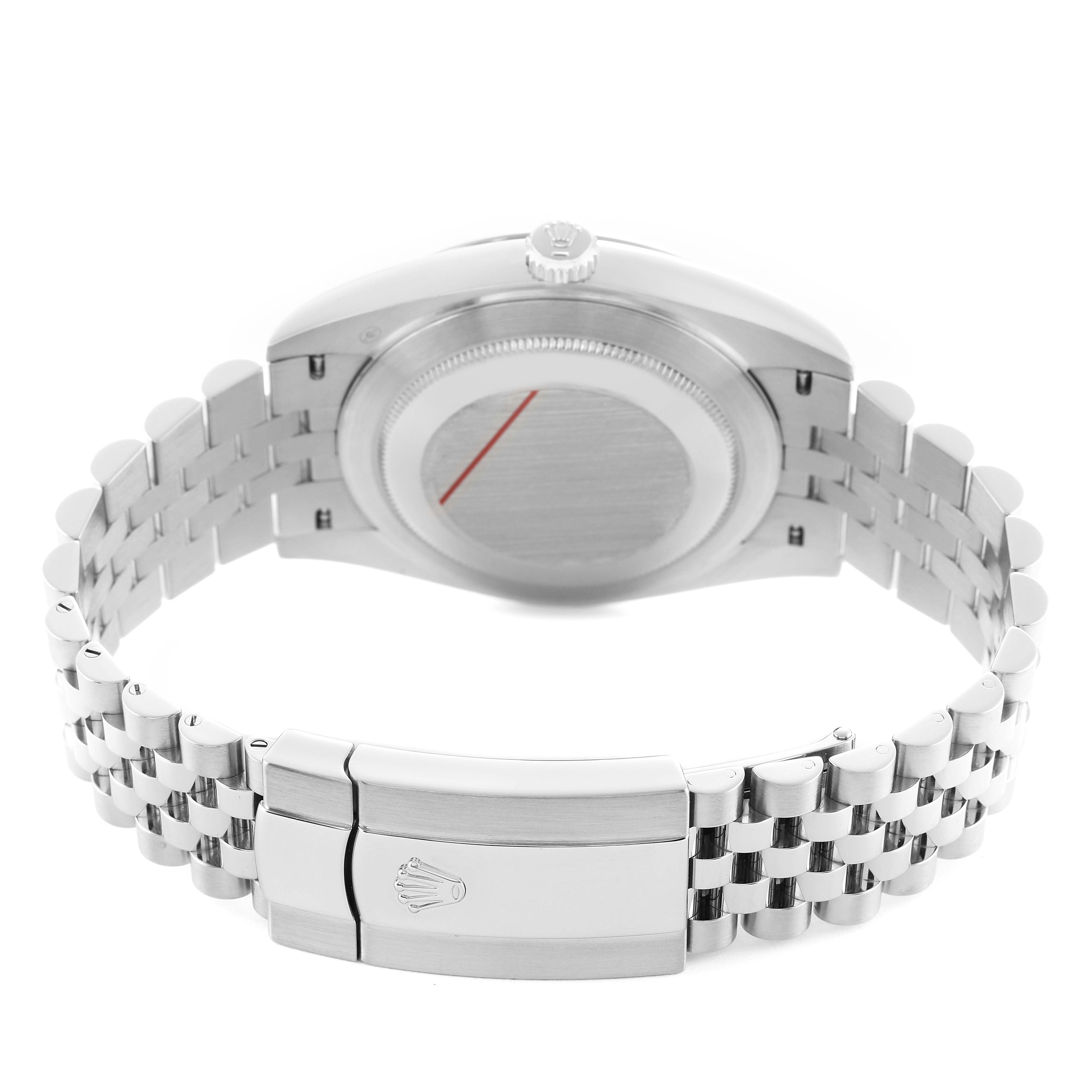 The image shows the back of a Rolex Datejust 41 126334 Men's Stainless Steel Blue Dial, highlighting the case back, crown, and Jubilee bracelet with a clasp.