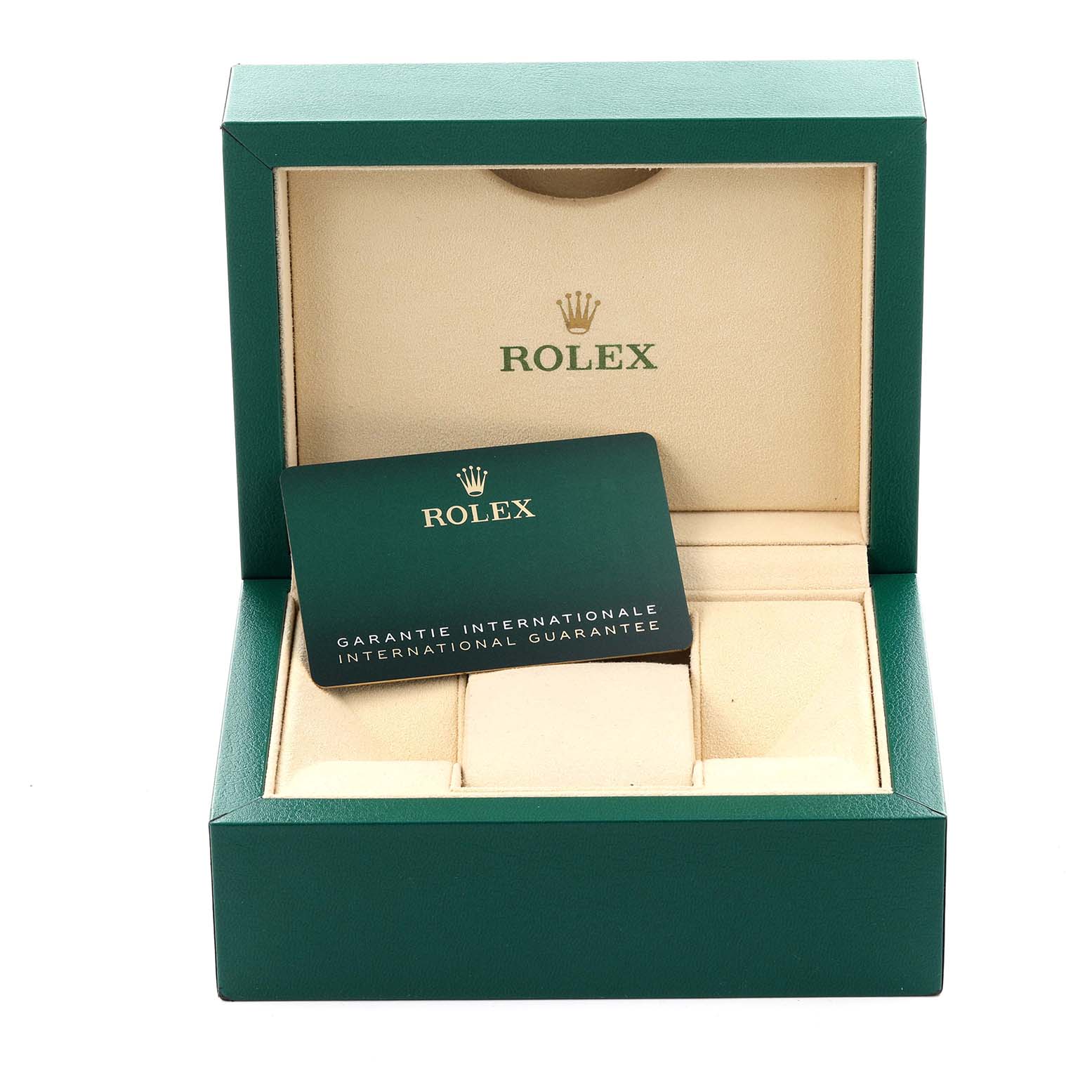 The image shows a green Rolex box for the Datejust 41 model with the international guarantee card inside.