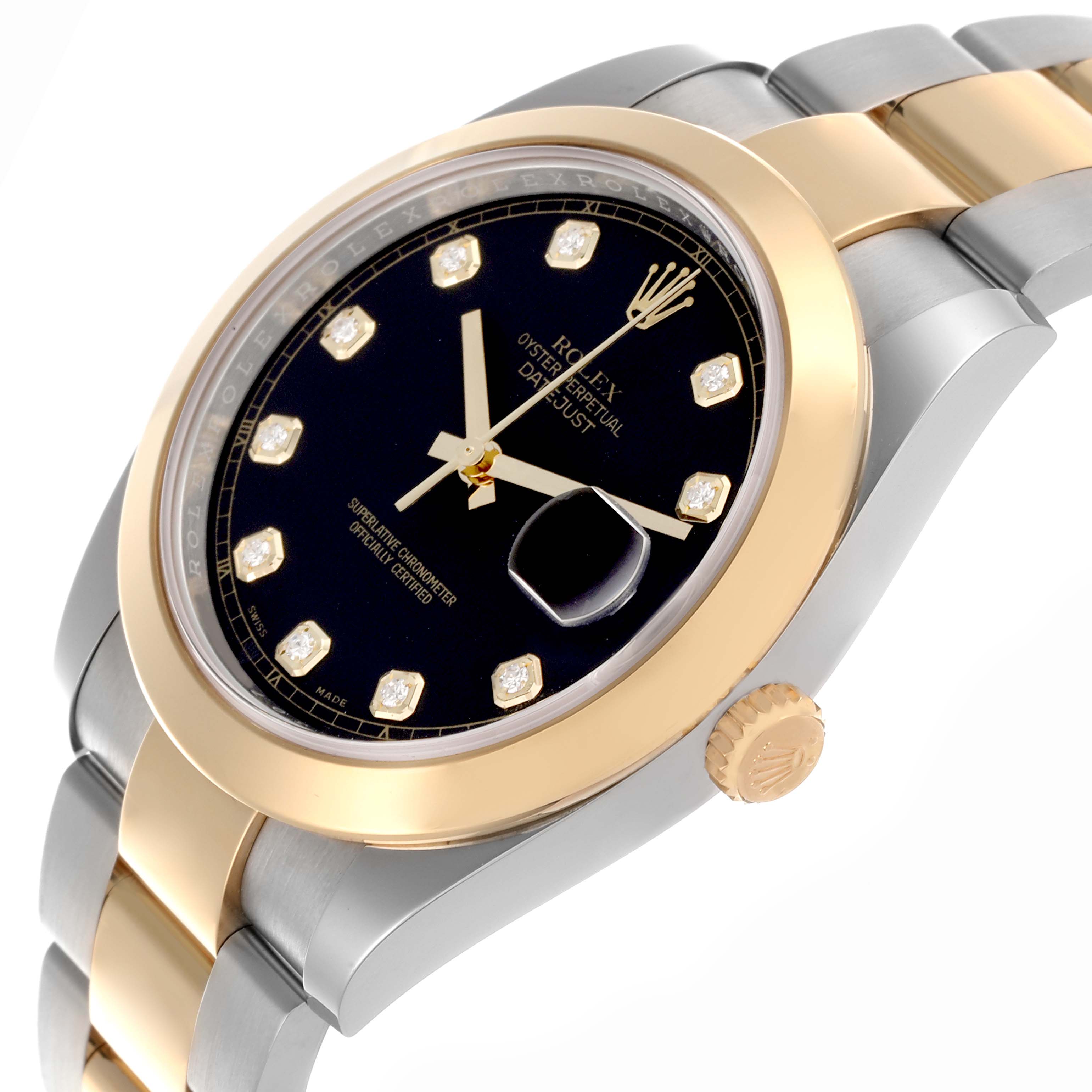 The image shows a Rolex Datejust 41 126303 Men
s Steel and Gold (two tone) Black Dial 126303 Men
s Steel and Gold (two tone) Black Dial at an angle highlighting the bezel, crown, and part of the bracelet.