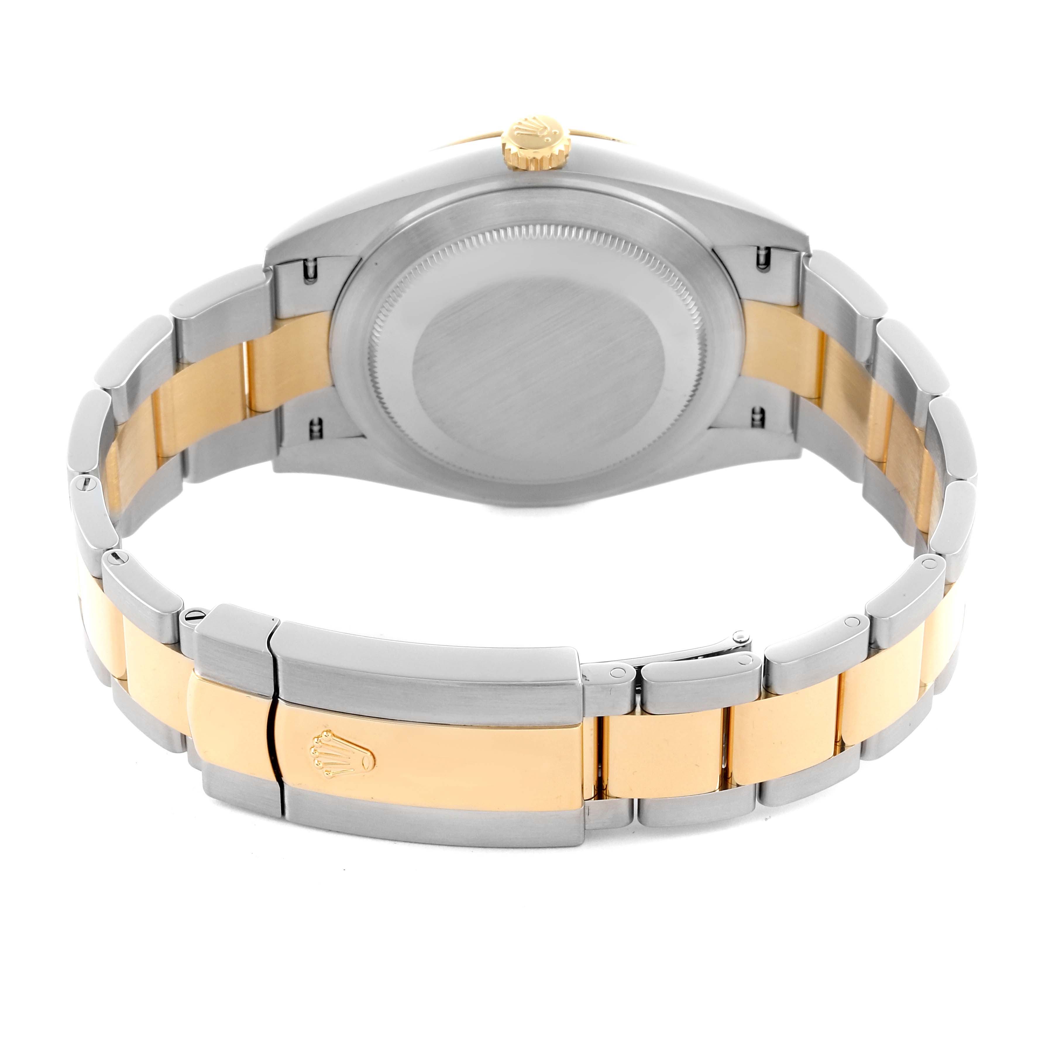 This image shows the back and clasp of a Rolex Datejust 41 126303 Men
s Steel and Gold (two tone) Black Dial 126303 Men
s Steel and Gold (two tone) Black Dial, highlighting the two-tone bracelet and crown.