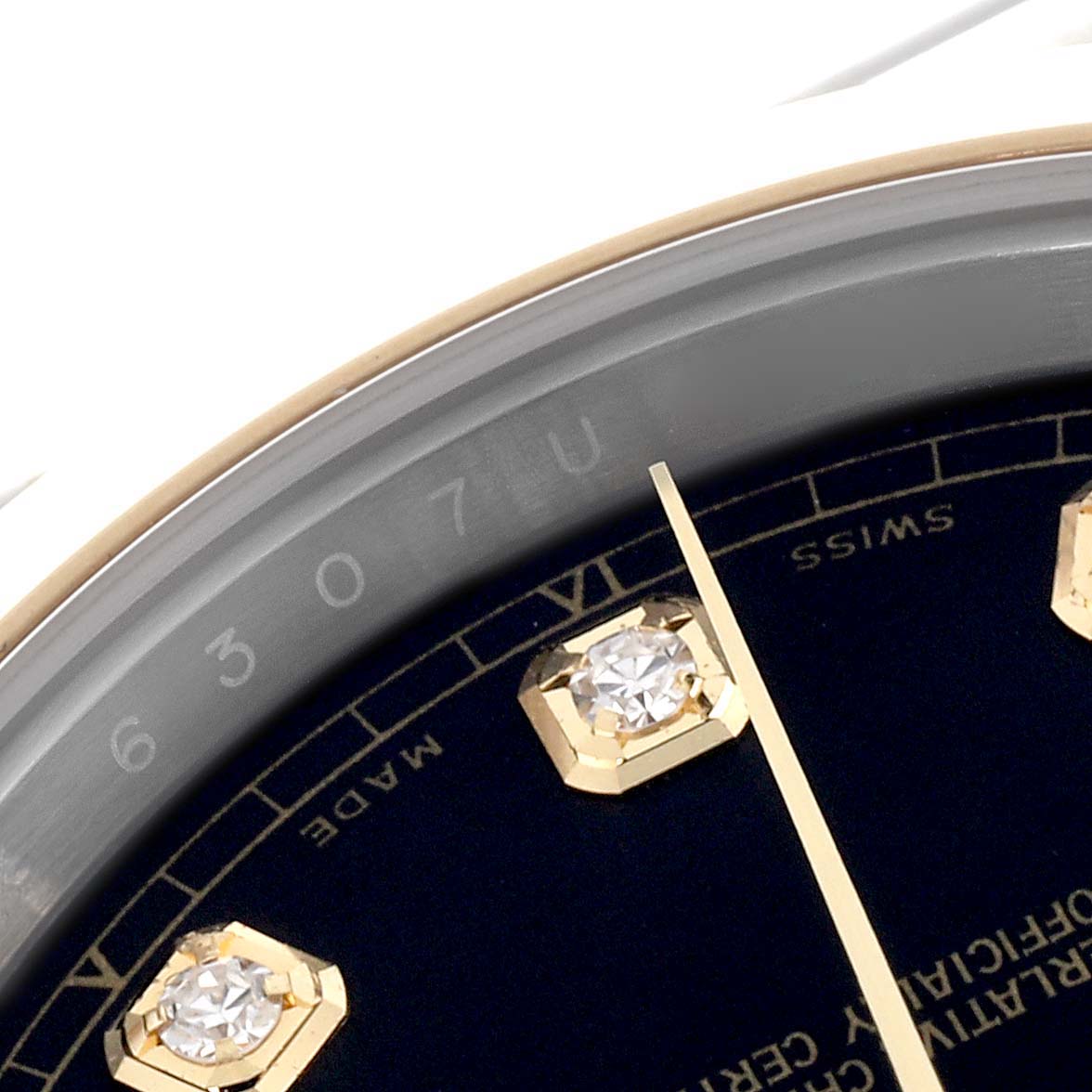 The image shows a close-up of the dial and bezel edge of a Rolex Datejust 41 126303 Men
s Steel and Gold (two tone) Black Dial 126303 Men
s Steel and Gold (two tone) Black Dial, highlighting the diamond hour markers.