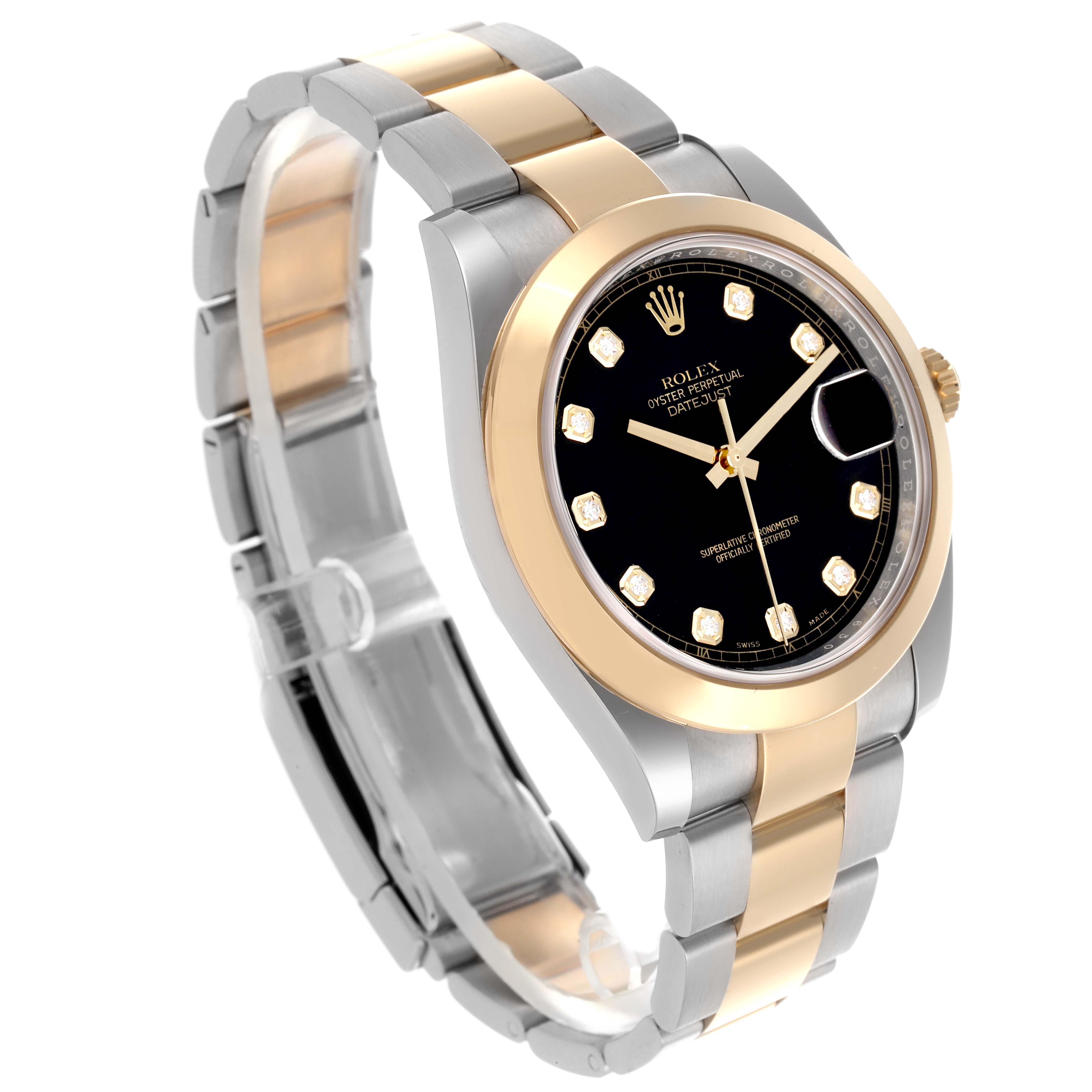 The Rolex Datejust 41 126303 Men
s Steel and Gold (two tone) Black Dial 126303 Men
s Steel and Gold (two tone) Black Dial is shown at an angled side view displaying the dial, bezel, and bracelet.