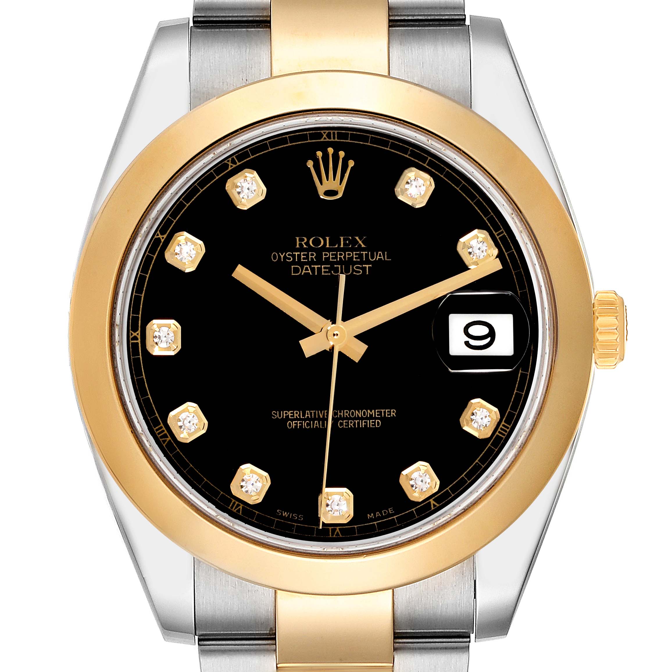 The Rolex Datejust 41 126303 Men
s Steel and Gold (two tone) Black Dial 126303 Men
s Steel and Gold (two tone) Black Dial is shown from the front, highlighting the dial, gold bezel, markers, and part of the bracelet.