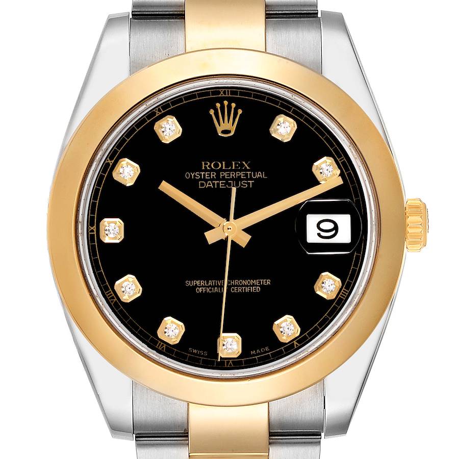 The Rolex Datejust 41 is shown from the front, highlighting the dial, gold bezel, markers, and part of the bracelet.