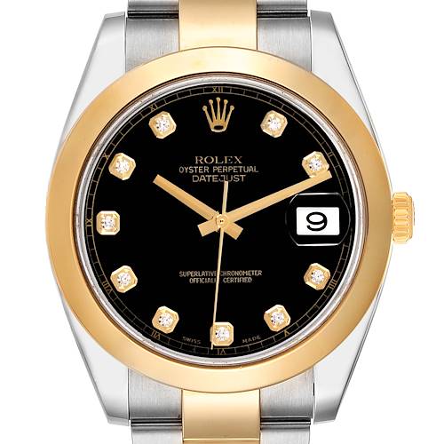 The Rolex Datejust 41 is shown from the front, highlighting the dial, bezel, and part of the bracelet.