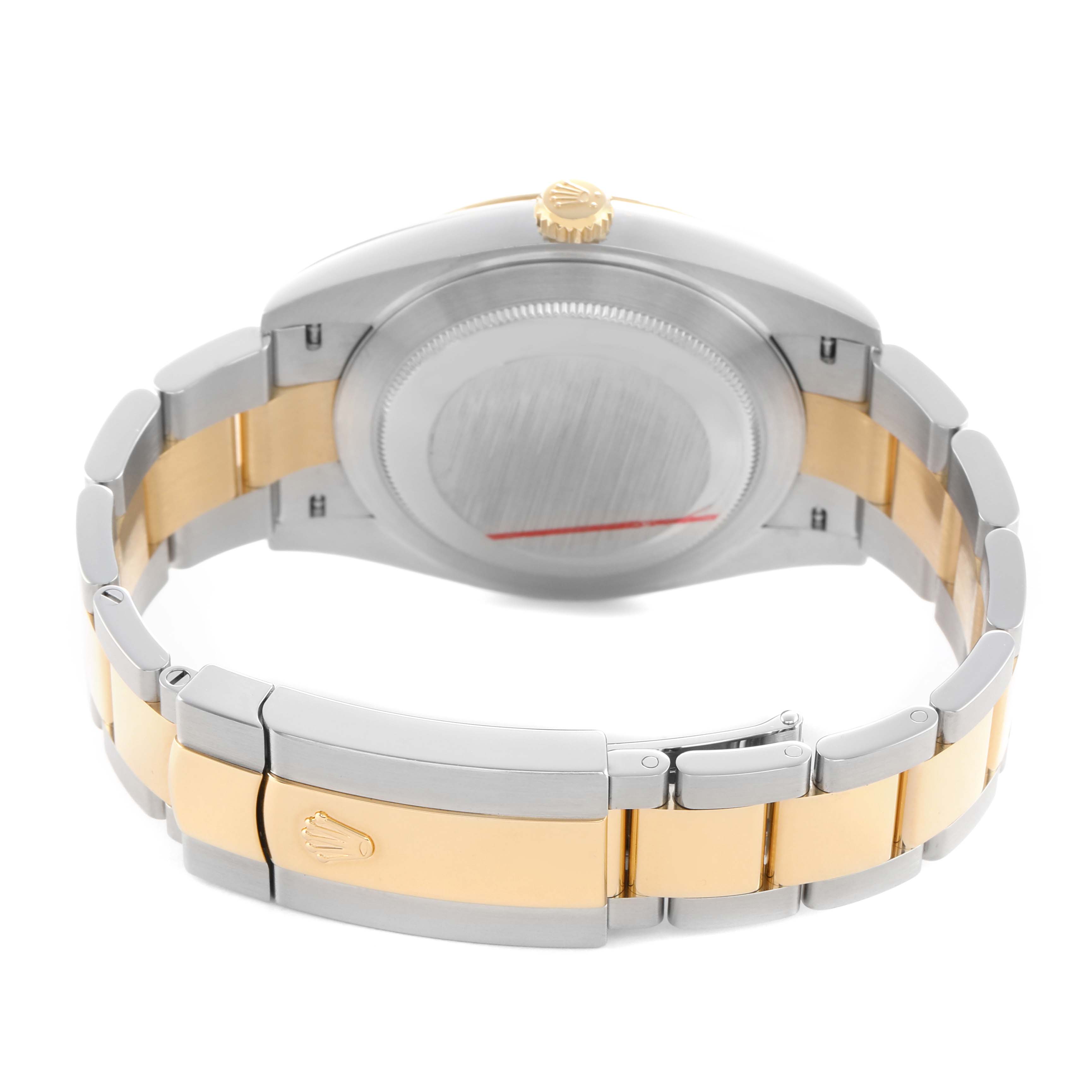 The image shows the back view of a Rolex Datejust 41 126333 Men's Steel and Gold (two tone) Grey Dial, highlighting the case back and two-tone bracelet with clasp.
