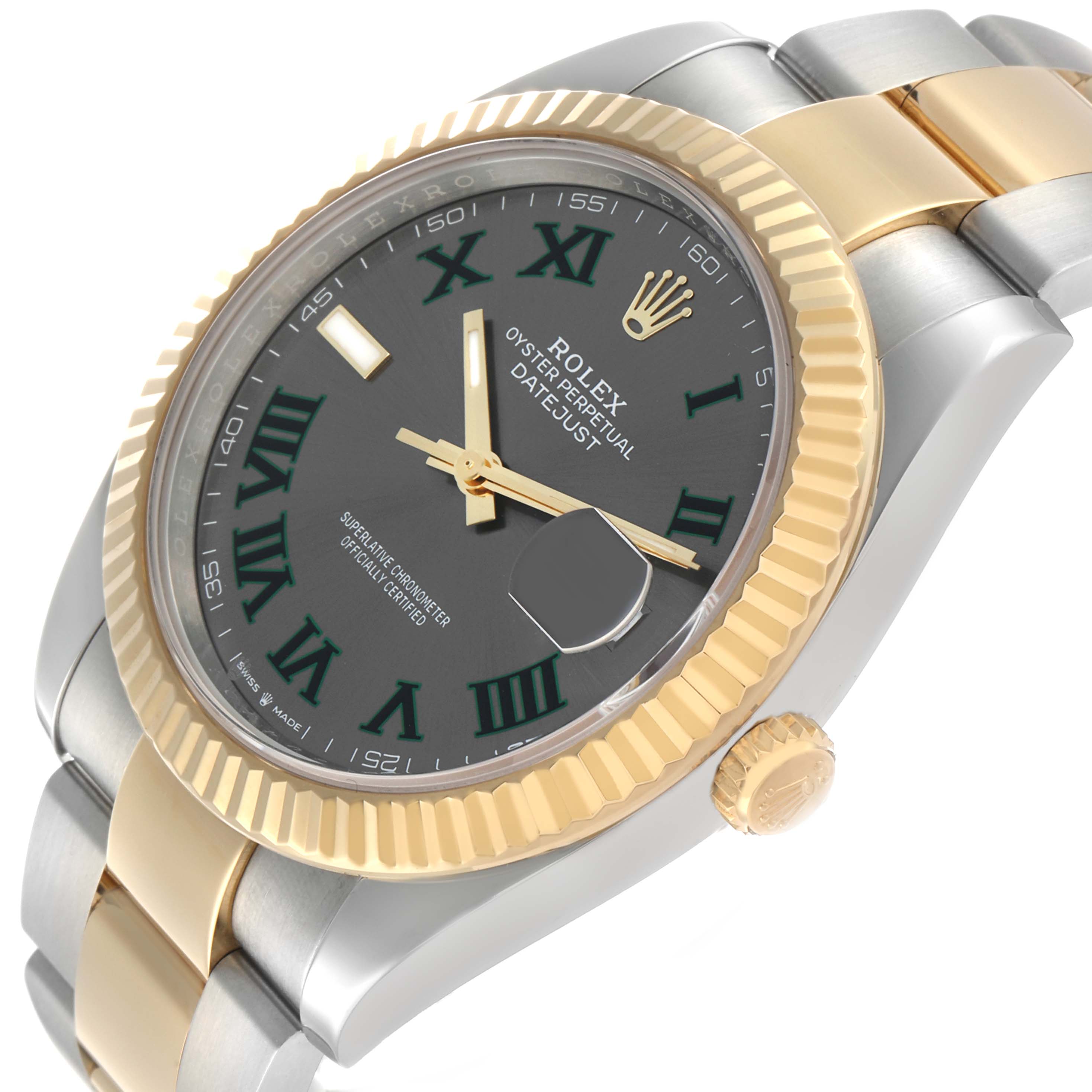 The image shows a Rolex Datejust 41 126333 Men's Steel and Gold (two tone) Grey Dial at a side angle, highlighting the two-tone bracelet, fluted bezel, and crown.