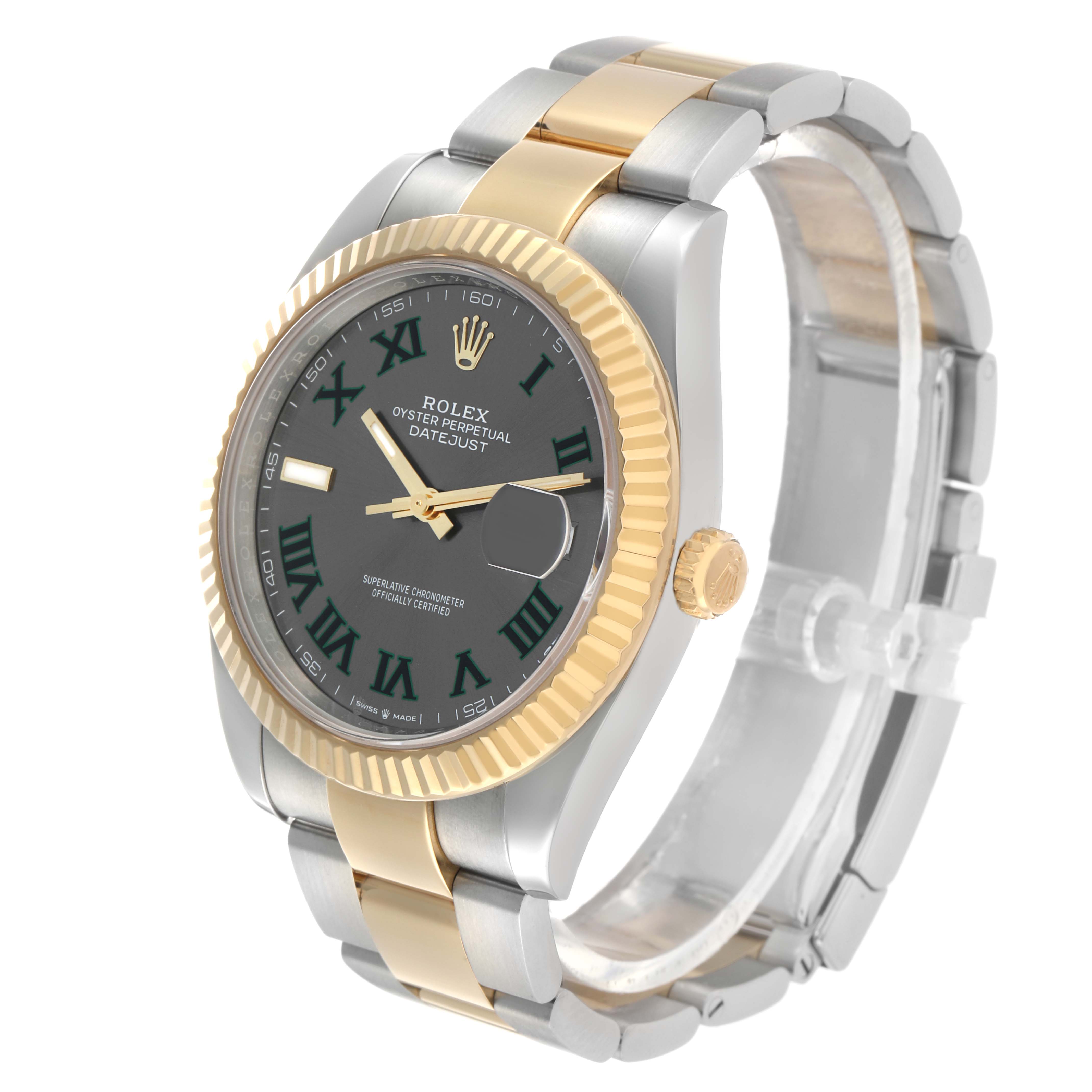 The Rolex Datejust 41 126333 Men's Steel and Gold (two tone) Grey Dial is shown at a three-quarter angle, displaying its two-tone bracelet, fluted bezel, and dial with Roman numerals.