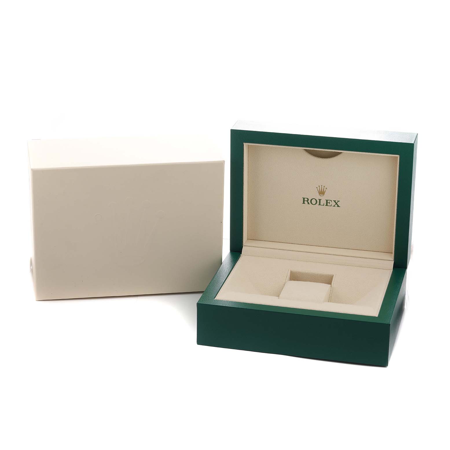 The image shows an open Rolex Datejust 41 126333 Men's Steel and Gold (two tone) Grey Dial watch box at an angle, displaying its interior design and logo.