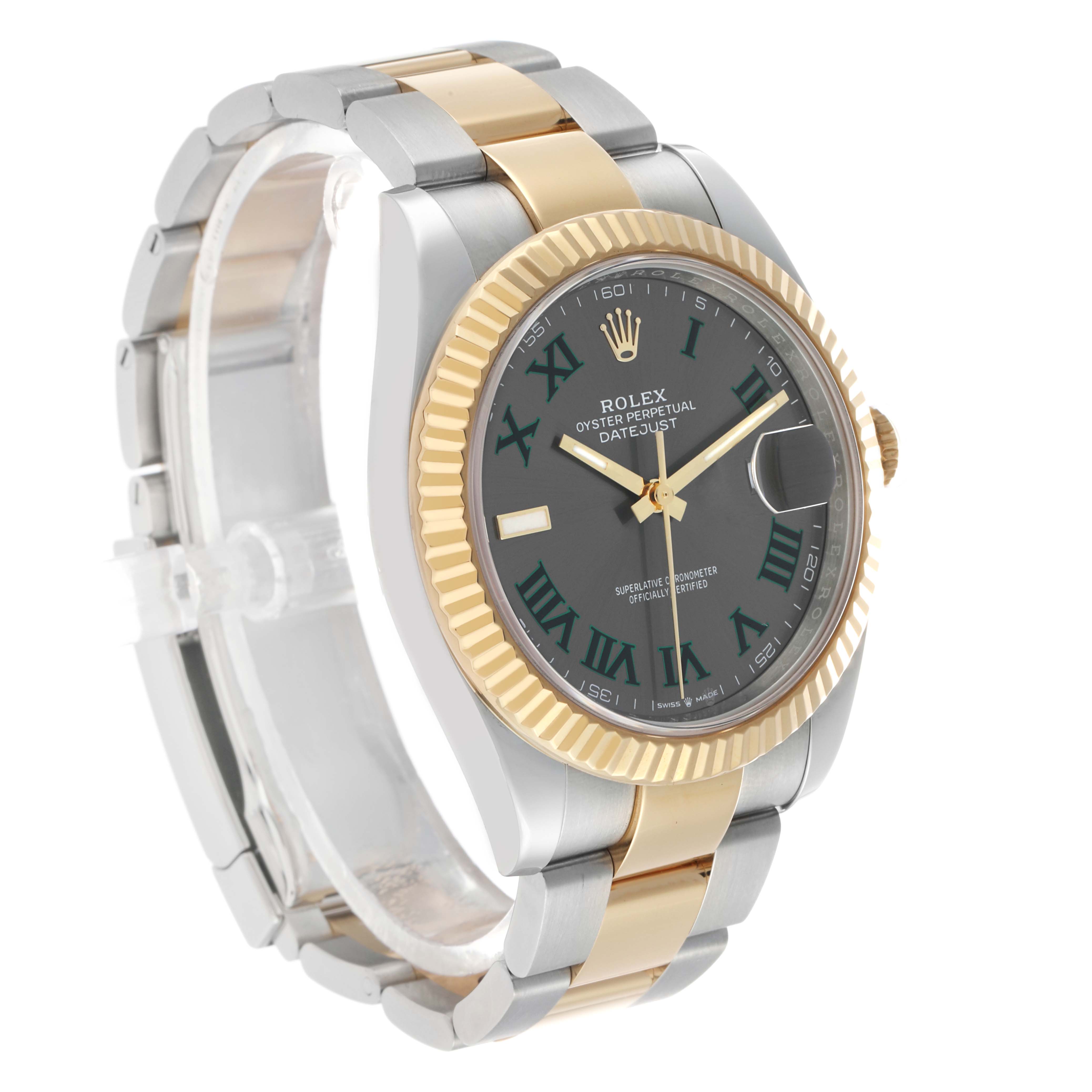 The Rolex Datejust 41 126333 Men's Steel and Gold (two tone) Grey Dial is shown at an angled side view, highlighting the gold fluted bezel, dial, and two-tone bracelet.
