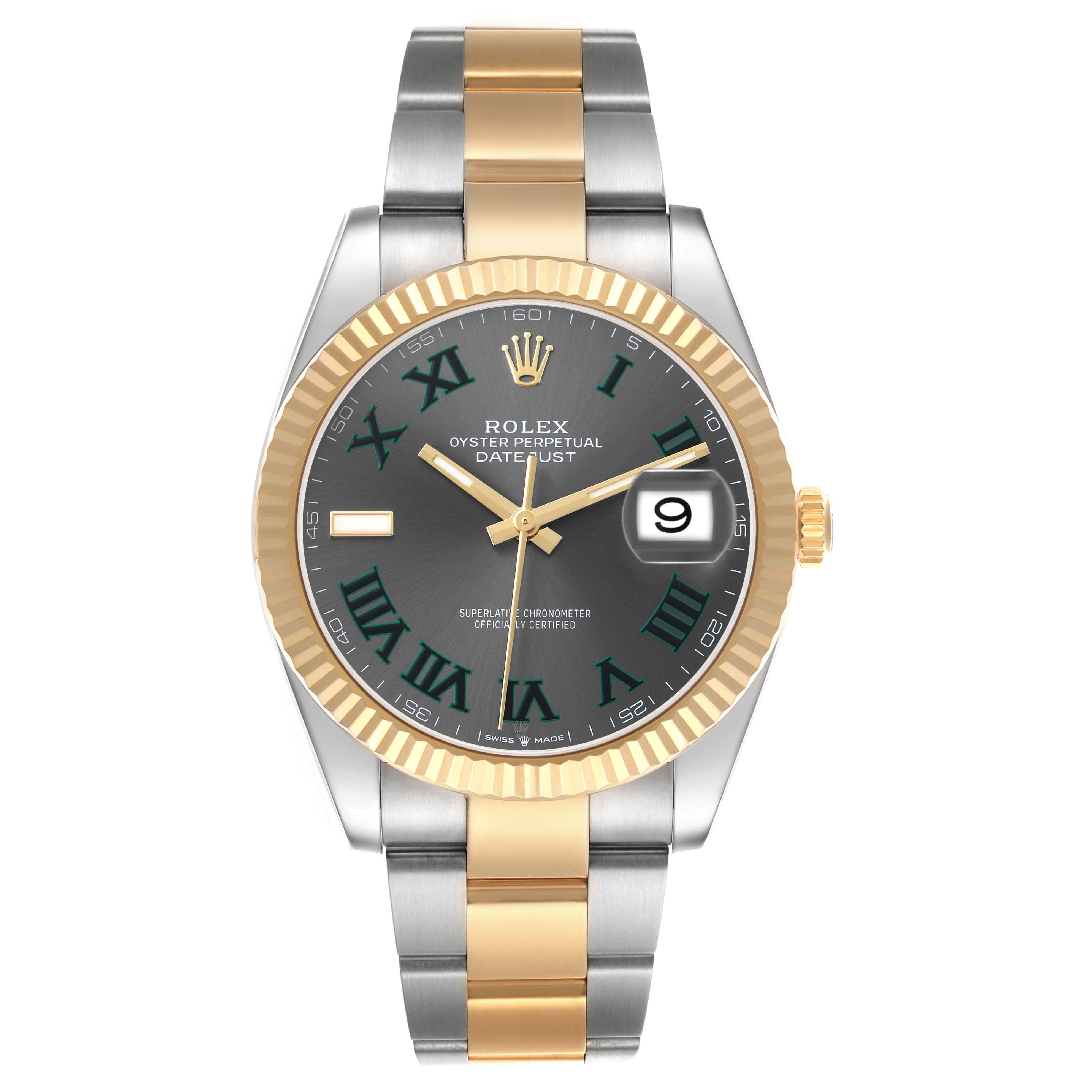 The Rolex Datejust 41 126333 Men's Steel and Gold (two tone) Grey Dial is shown from a front angle, highlighting the two-tone bracelet, fluted bezel, and date window.