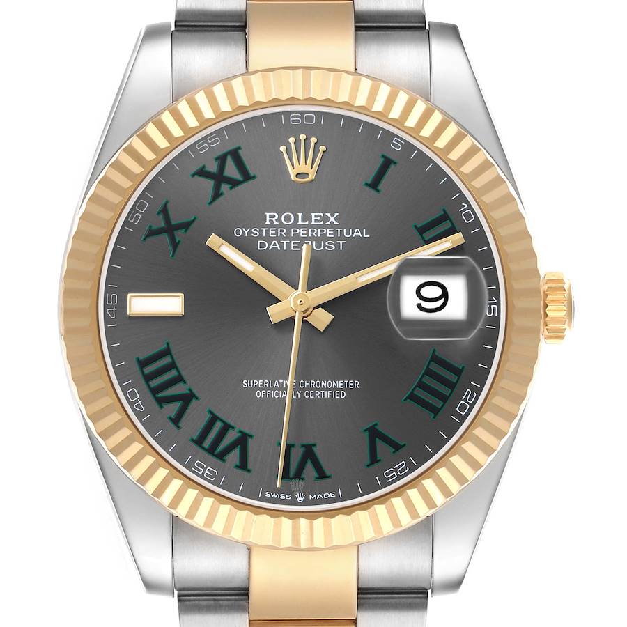 The image shows a Rolex Datejust 41 126333 Men's Steel and Gold (two tone) Grey Dial model from a frontal angle, highlighting the dial, bezel, crown, and part of the bracelet.