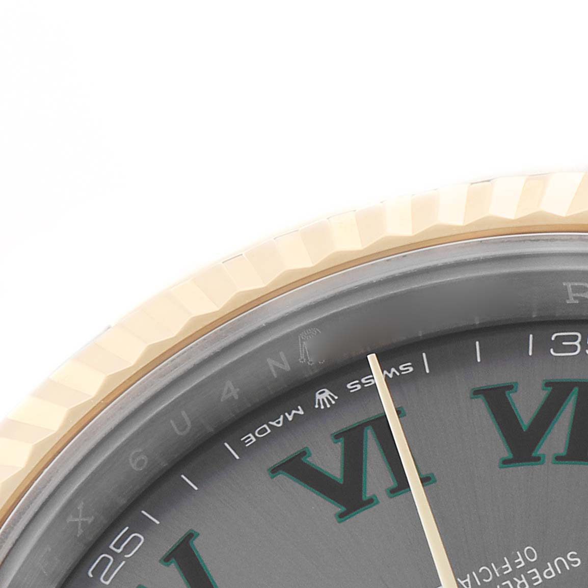 The image shows a close-up of the Rolex Datejust 41 126333 Men's Steel and Gold (two tone) Grey Dial's bezel, dial edge, and Roman numeral hour markers.