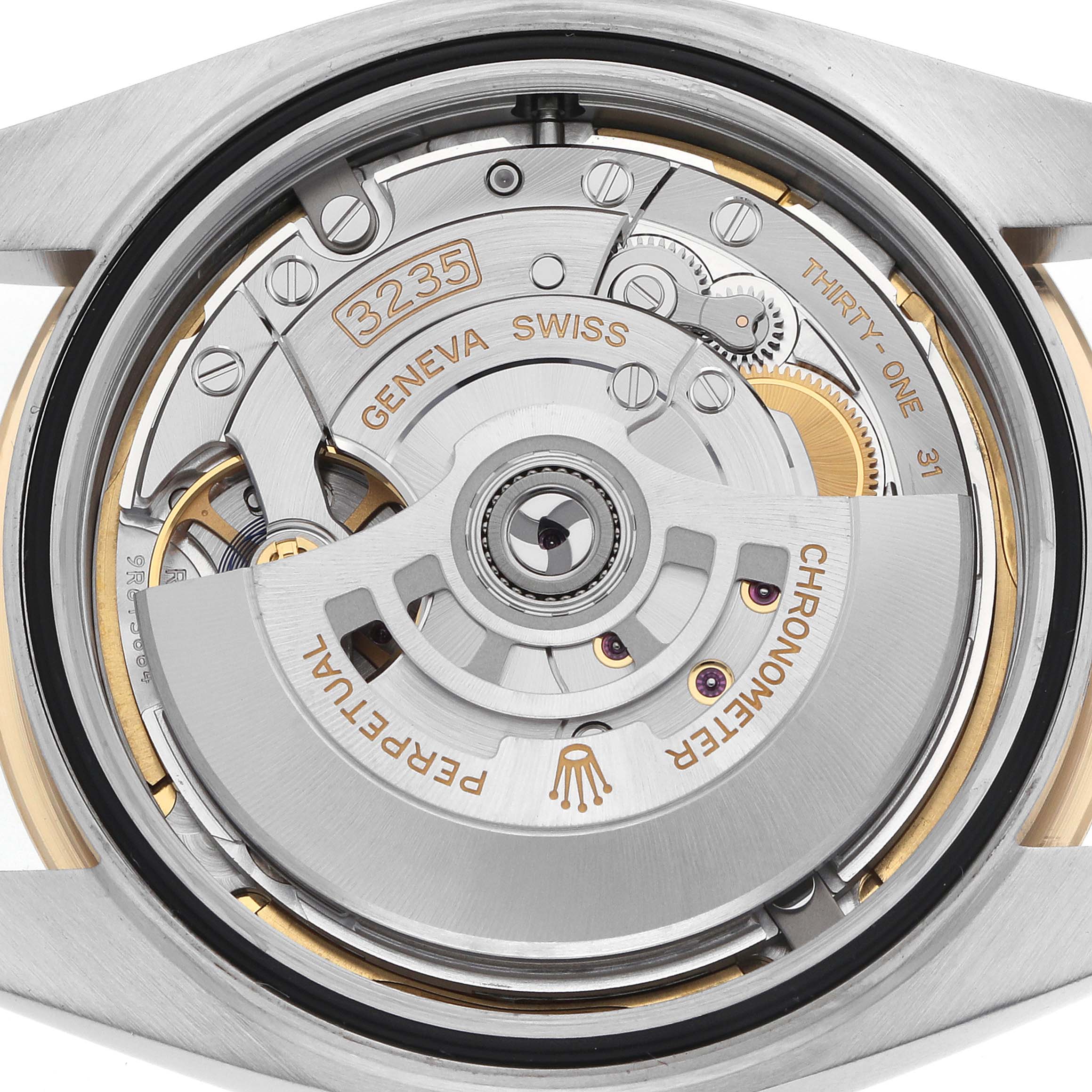 The image shows the movement mechanism of the Rolex Datejust 41 126333 Men's Steel and Gold (two tone) Grey Dial from a top-down view, highlighting the rotor and gears.