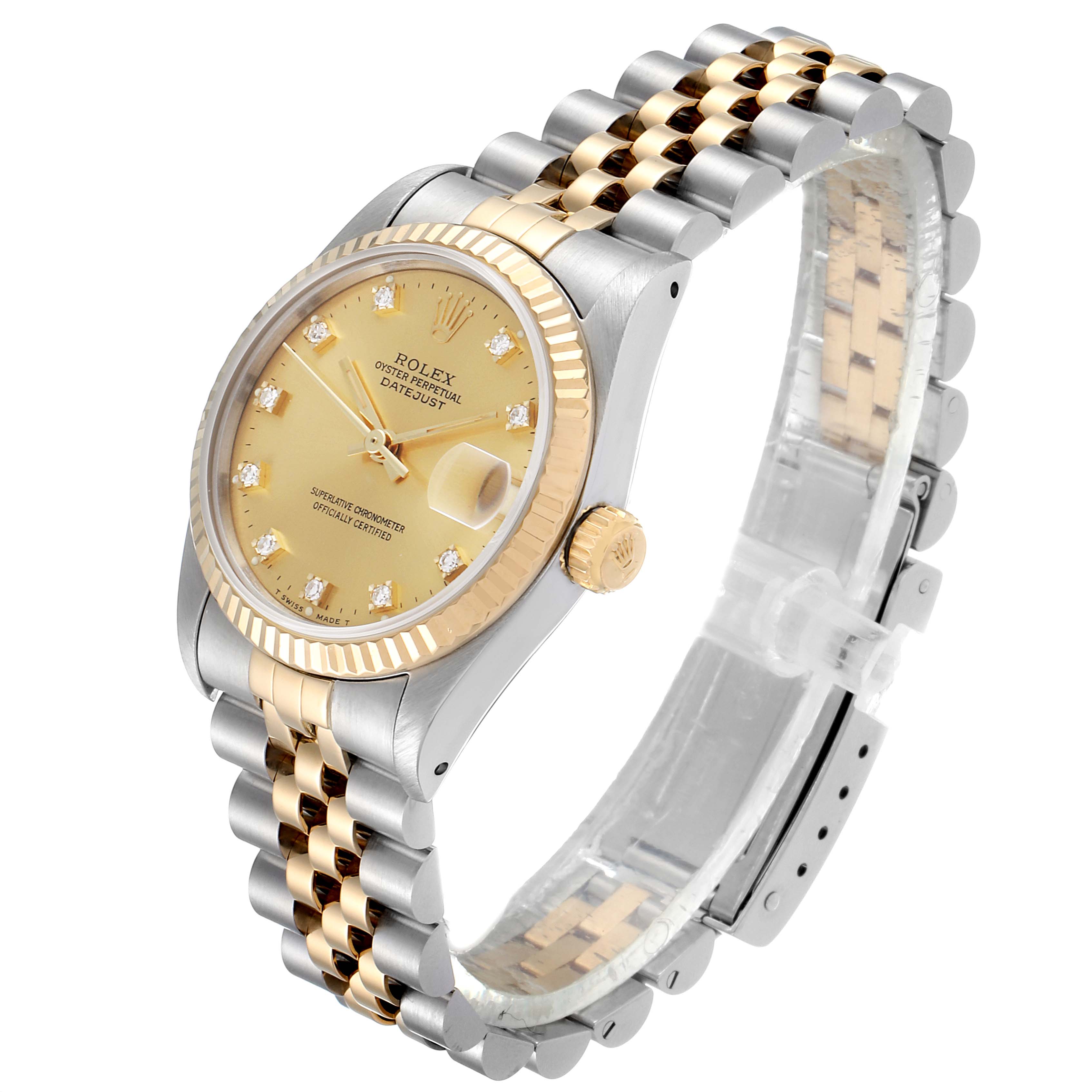 The image shows a Rolex Mid-Size 68273 Women's Steel and Gold (two tone) Champagne Dial 68273 Women's Steel and Gold (two tone) Champagne Dial Datejust watch from a three-quarter angle, highlighting its dial, bezel, bracelet, and crown.