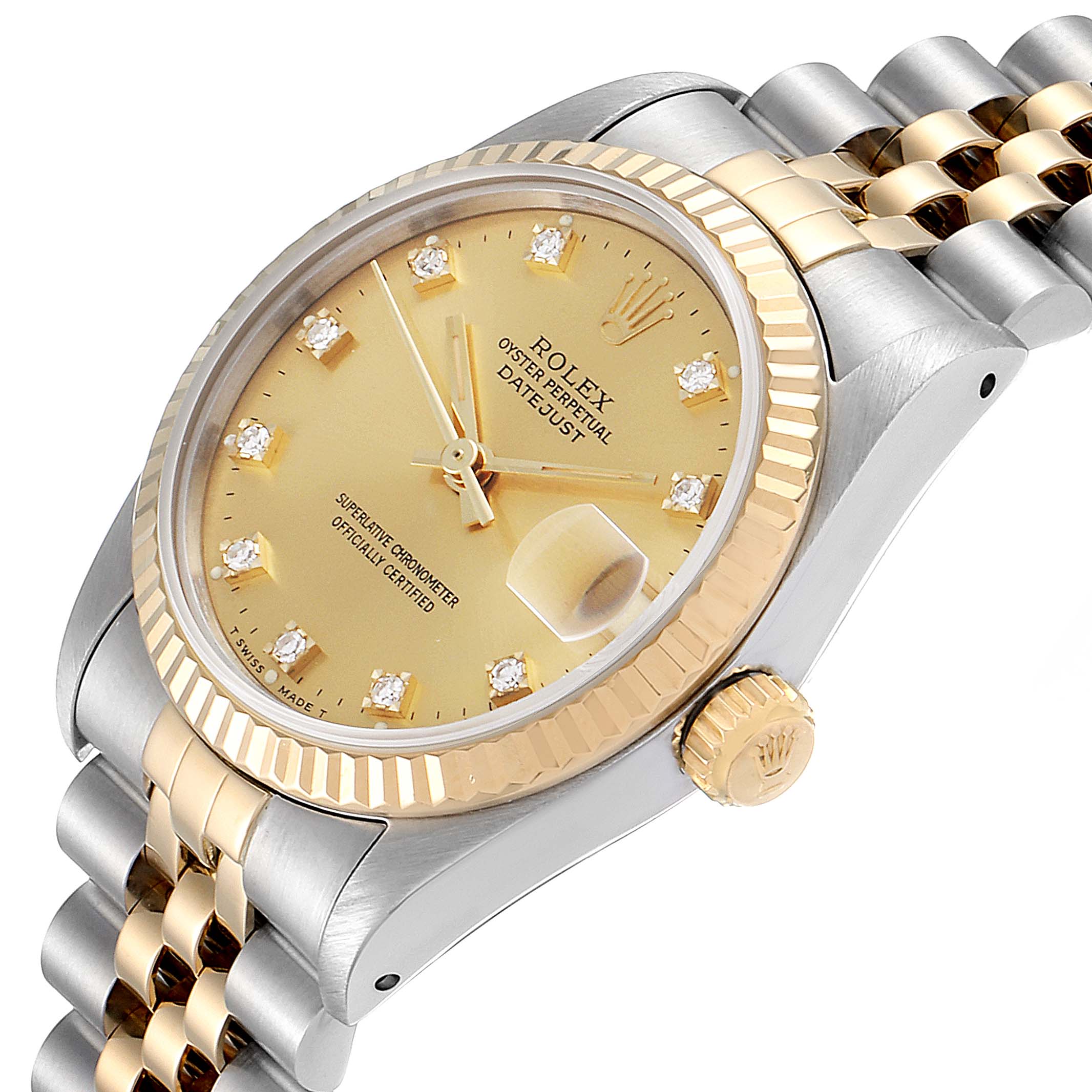 This image shows a side angle of the Rolex Mid-Size 68273 Women's Steel and Gold (two tone) Champagne Dial 68273 Women's Steel and Gold (two tone) Champagne Dial Datejust, featuring its crown, bracelet, bezel, and dial with diamond markers.