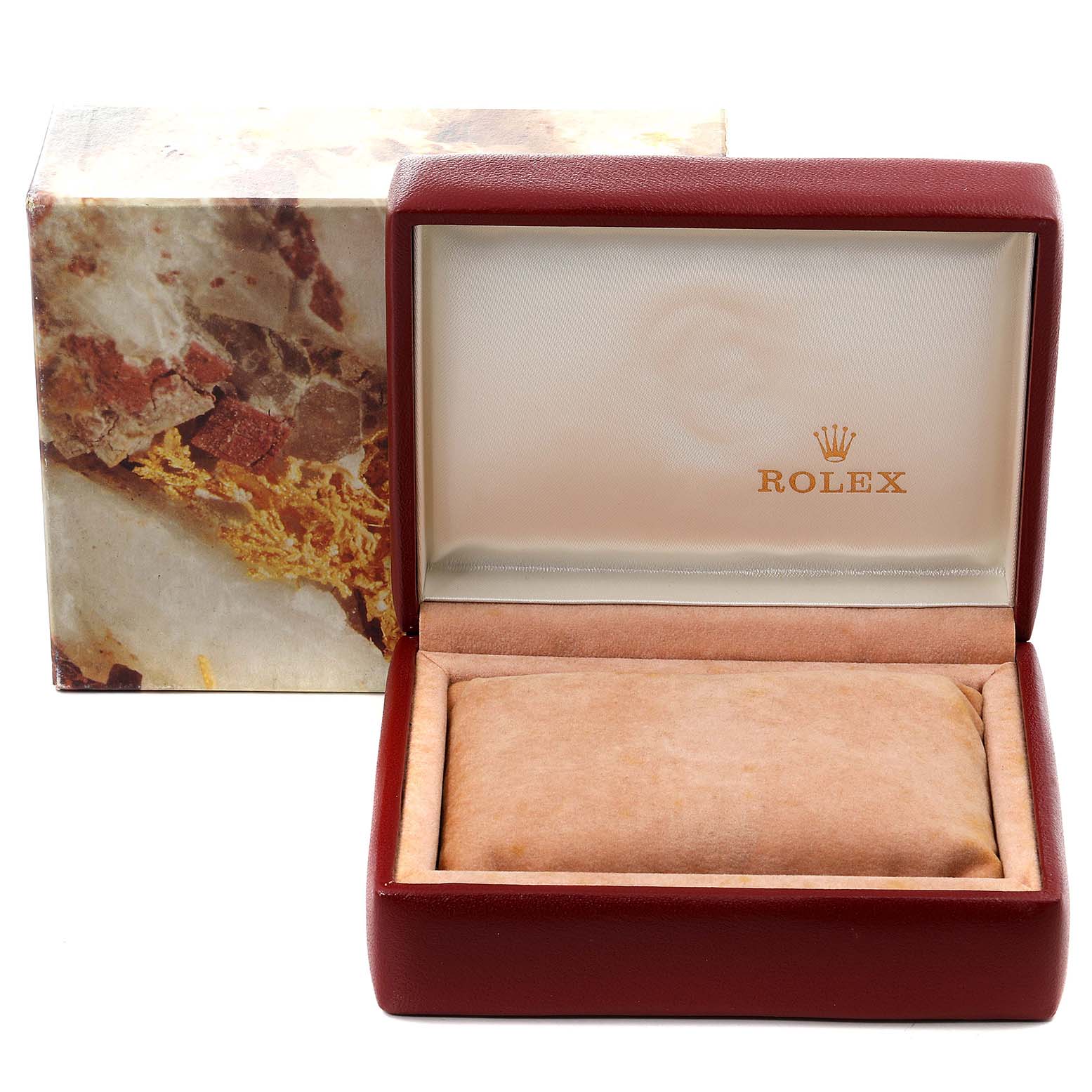 The image shows an open box and outer case for a Mid-Size Rolex watch from a front angle.