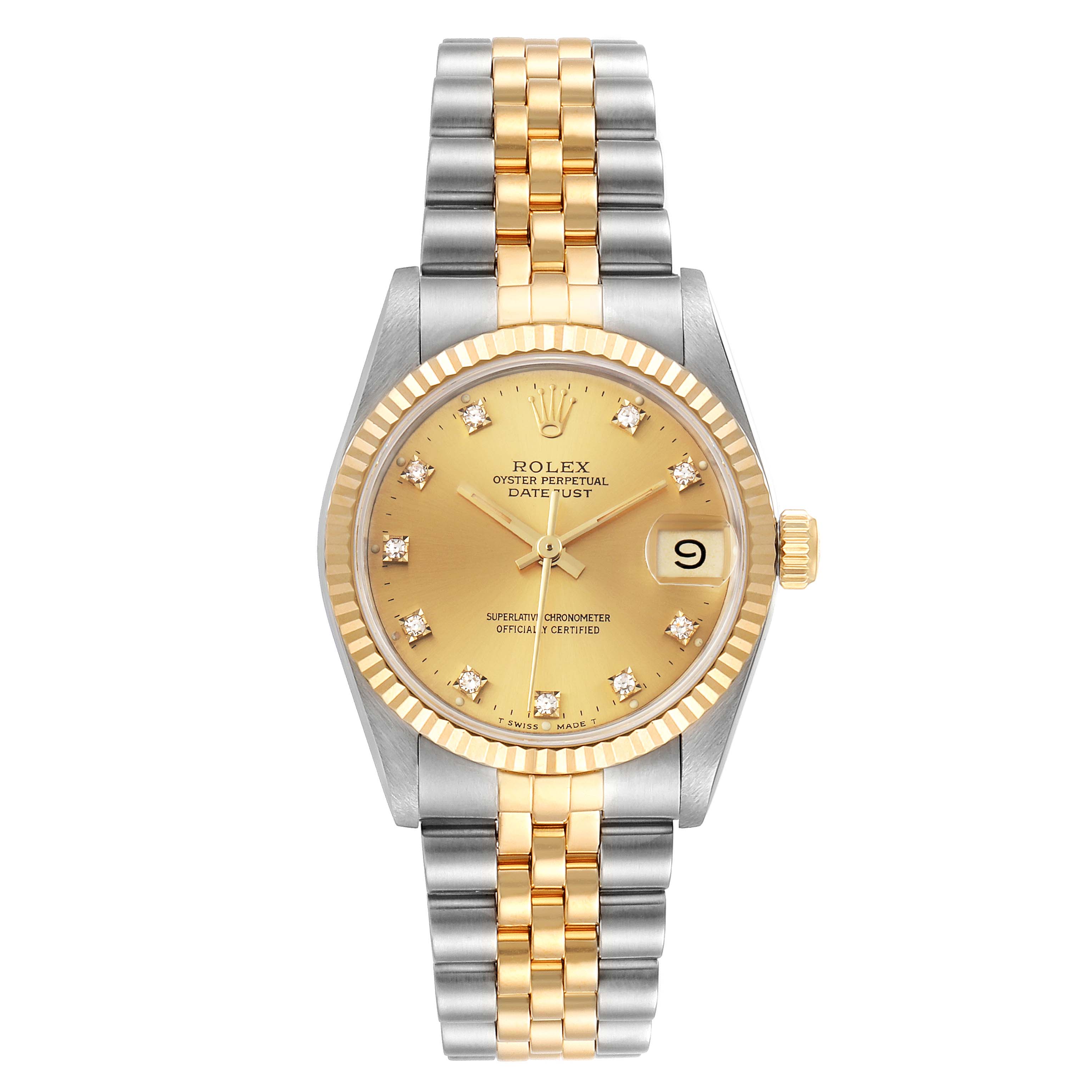 The Rolex Mid-Size 68273 Women's Steel and Gold (two tone) Champagne Dial 68273 Women's Steel and Gold (two tone) Champagne Dial Datejust watch is shown from the front, displaying its dial, bezel, and bracelet.