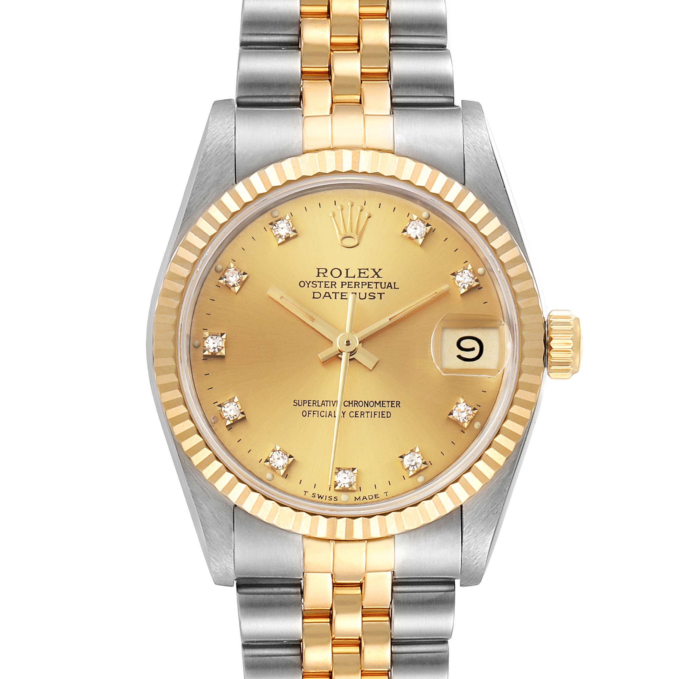 This Rolex Mid-Size 68273 Women's Steel and Gold (two tone) Champagne Dial 68273 Women's Steel and Gold (two tone) Champagne Dial Oyster Perpetual Datejust watch is shown from a front angle, highlighting its gold dial, diamond hour markers, and two-tone bracelet.