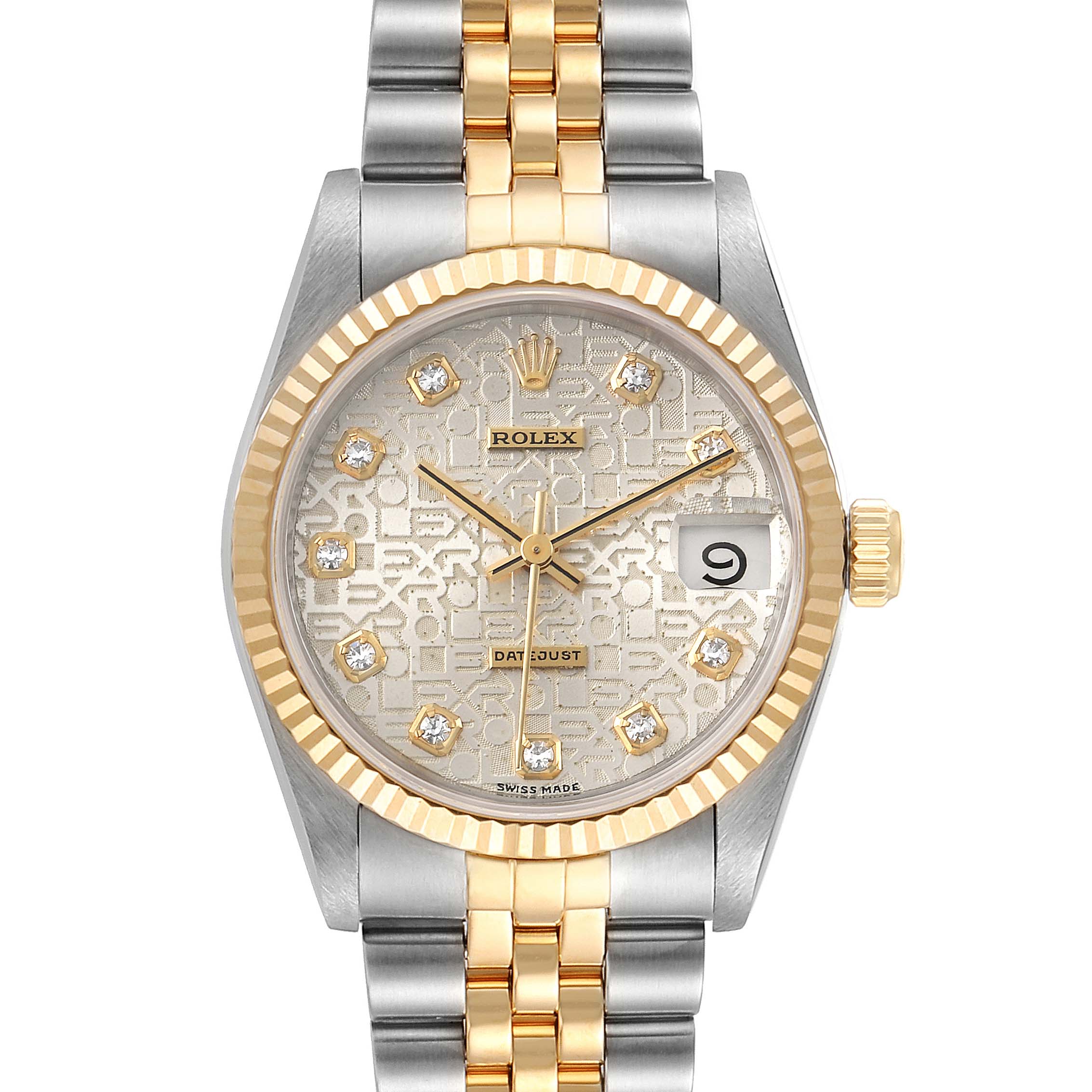 This image shows a front view of a Mid-Size Rolex Datejust watch with a two-tone bracelet and diamond markers.