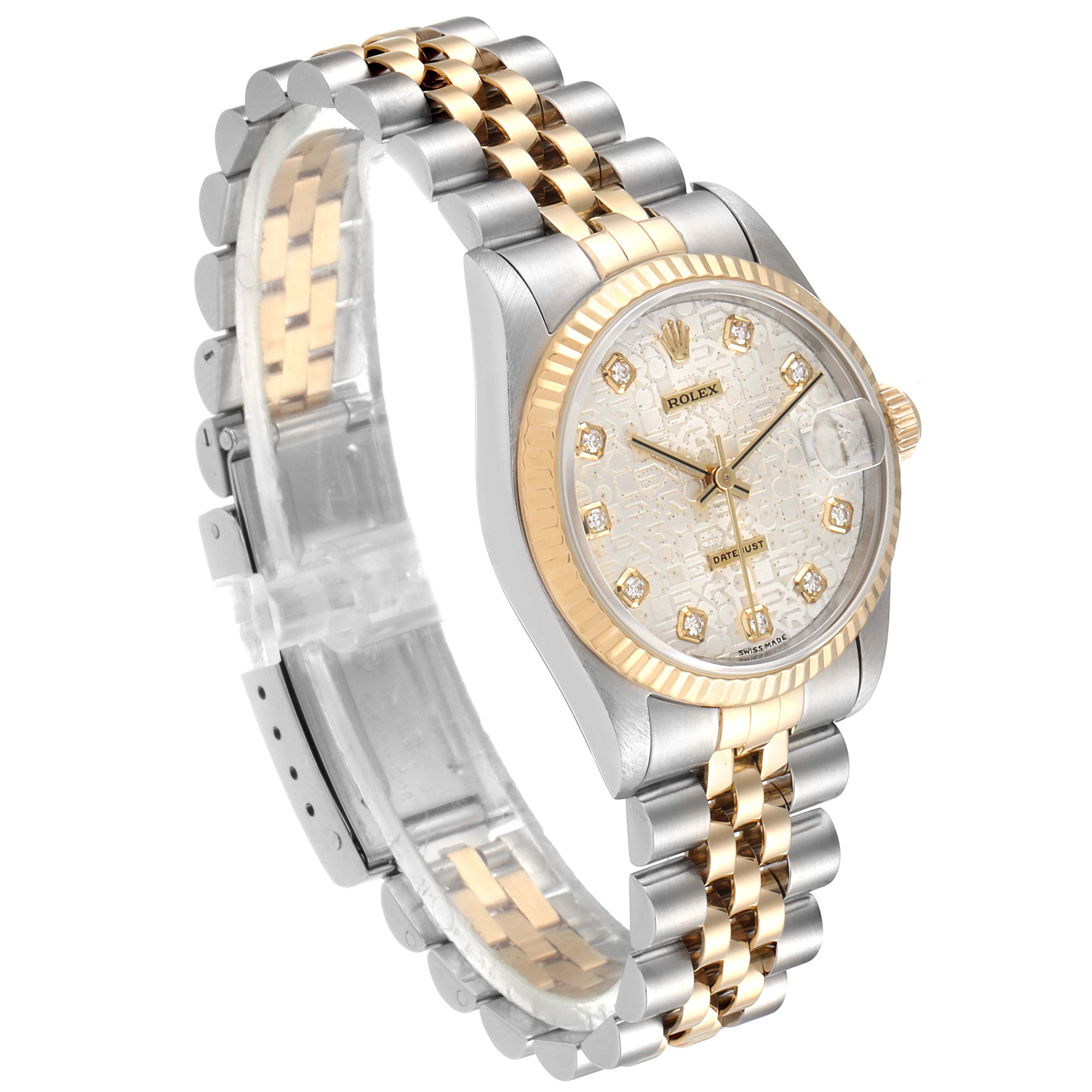 This image shows a side angle of a Rolex Mid-Size 68273 Women's Steel and Gold (two tone) Silver Dial 68273 Women's Steel and Gold (two tone) Silver Dial watch with a two-tone bracelet and fluted bezel.