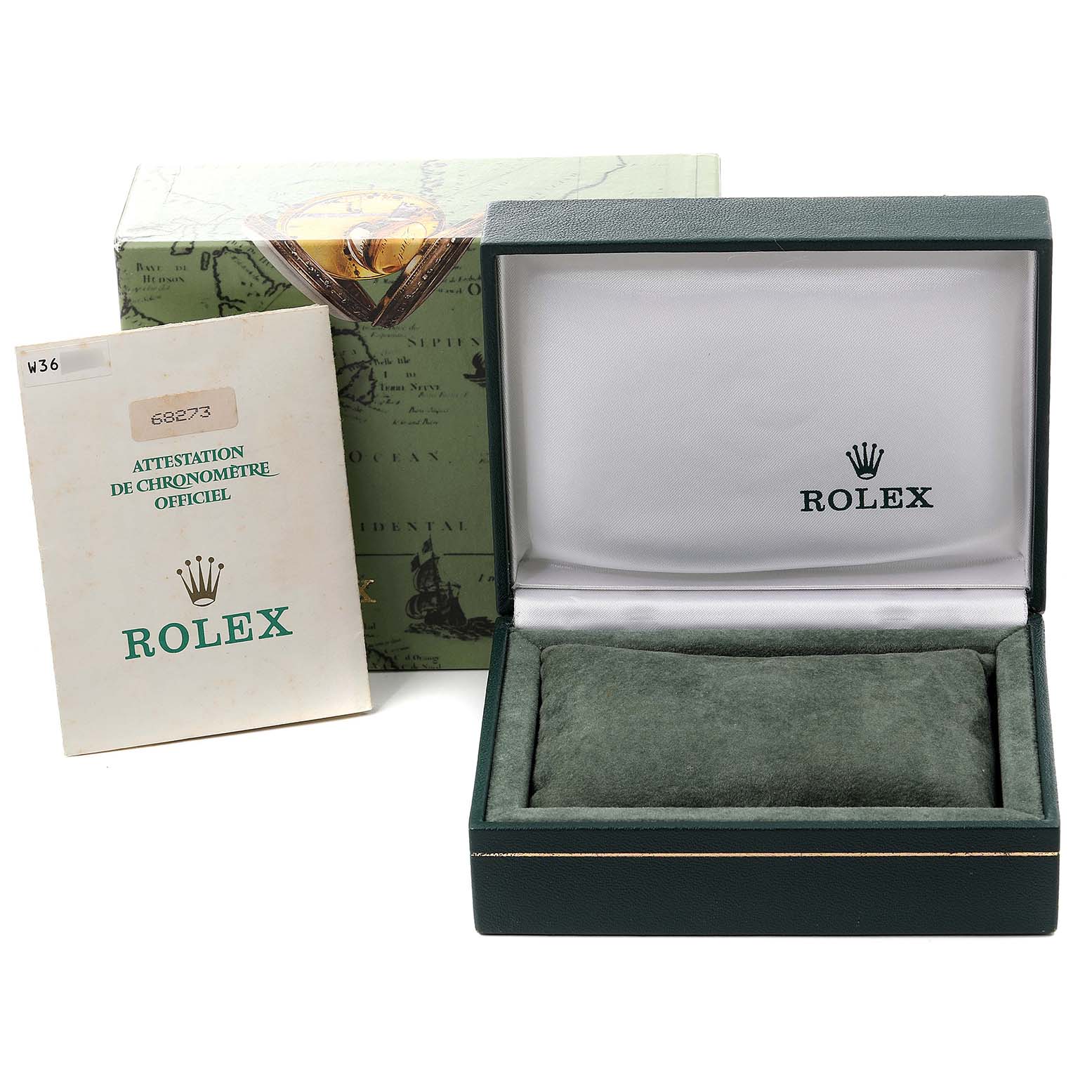The image shows a Rolex Mid-Size 68273 Women's Steel and Gold (two tone) Silver Dial 68273 Women's Steel and Gold (two tone) Silver Dial watch box with its outer box and warranty booklet displayed at a front angle.