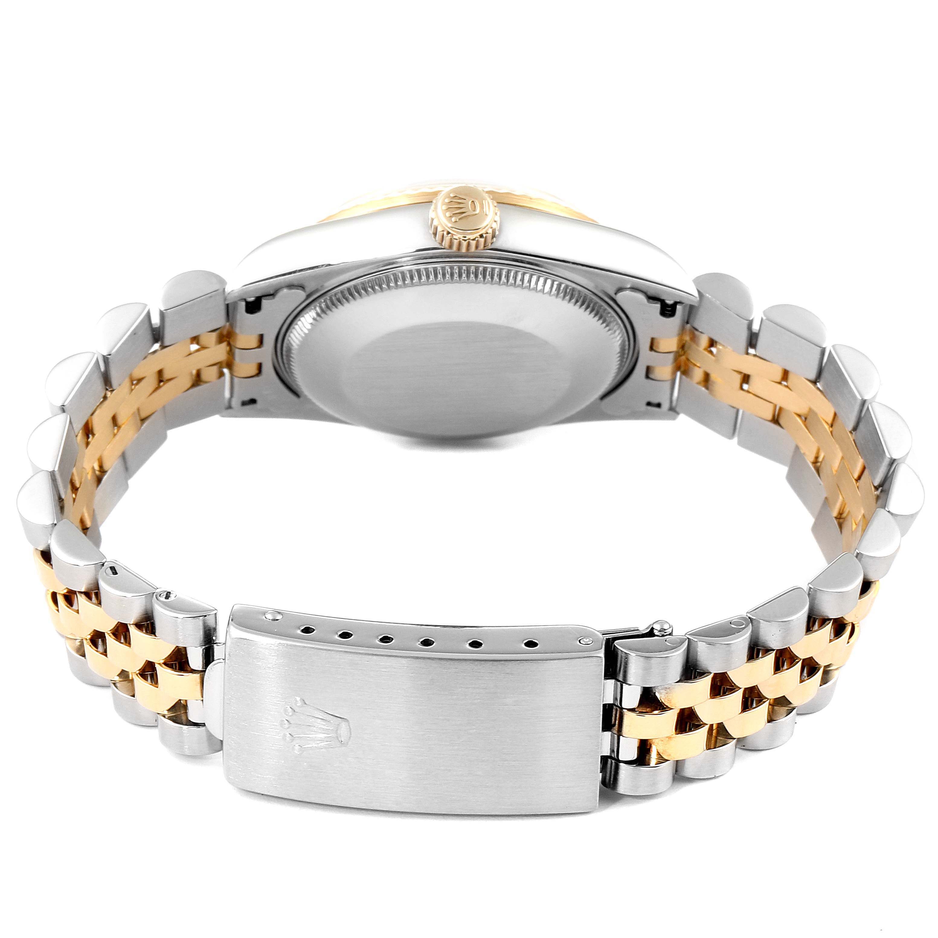 The image shows the back view of the mid-size Rolex watch, highlighting the case, crown, and two-tone bracelet with the clasp.