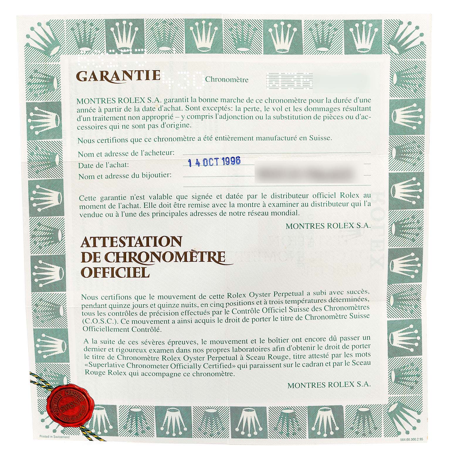 This image shows a Rolex guarantee and official chronometer certification dated 14 October 1996.