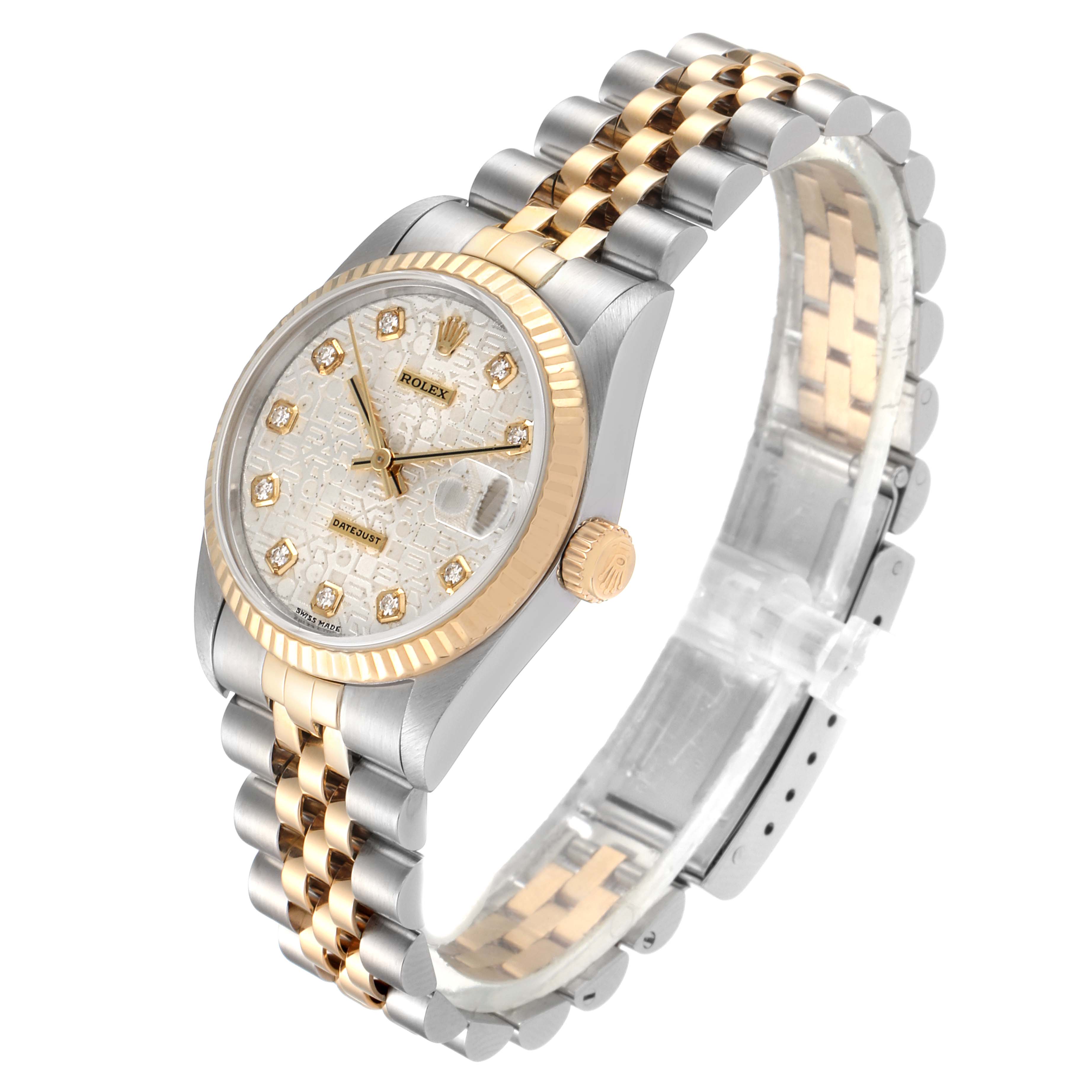 The image shows a Rolex Mid-Size 68273 Women's Steel and Gold (two tone) Silver Dial 68273 Women's Steel and Gold (two tone) Silver Dial watch angled slightly from the side, highlighting the dial, crown, and bracelet.