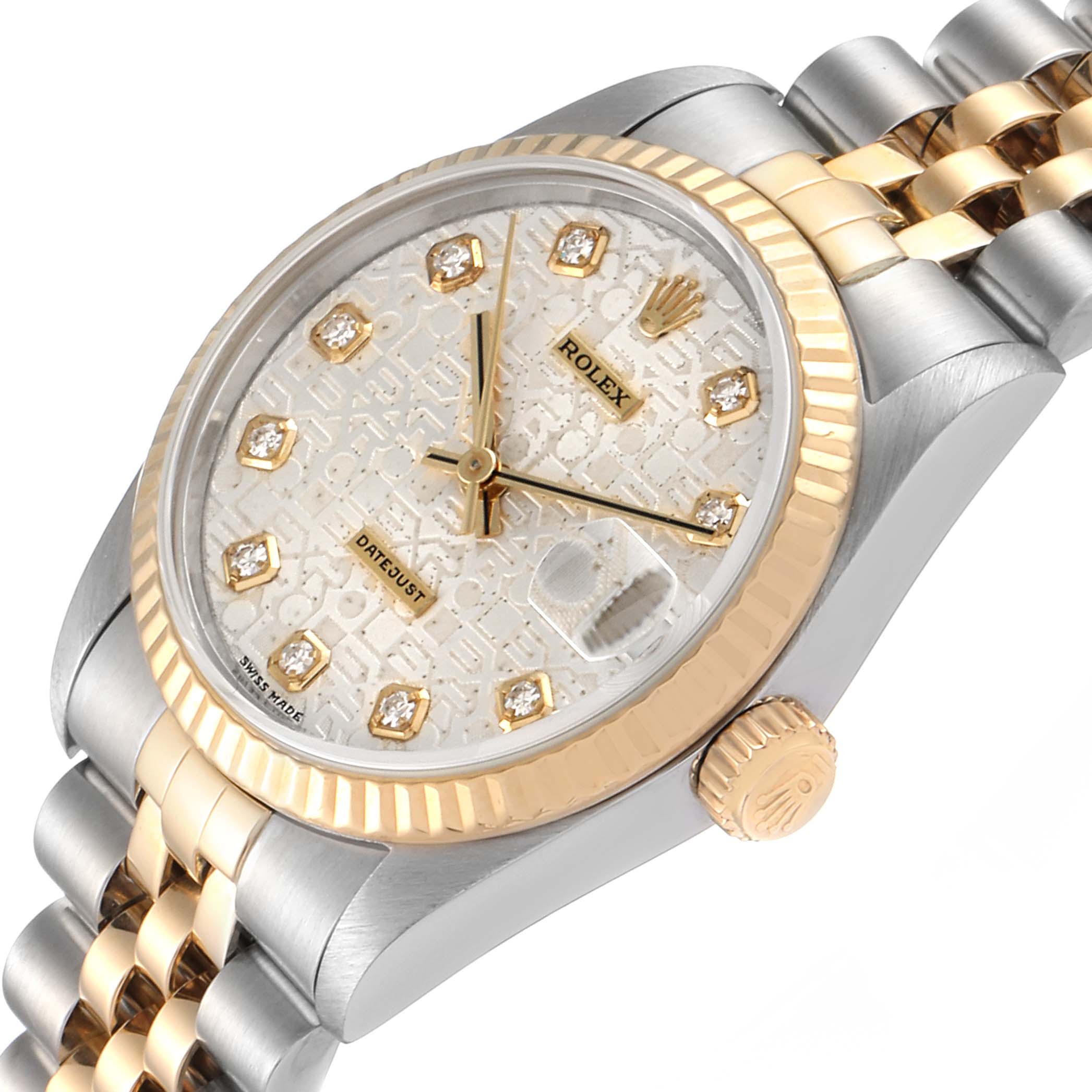 The image shows a Rolex Mid-Size 68273 Women's Steel and Gold (two tone) Silver Dial 68273 Women's Steel and Gold (two tone) Silver Dial Datejust watch viewed at an angle, highlighting the dial, bezel, crown, and bracelet.