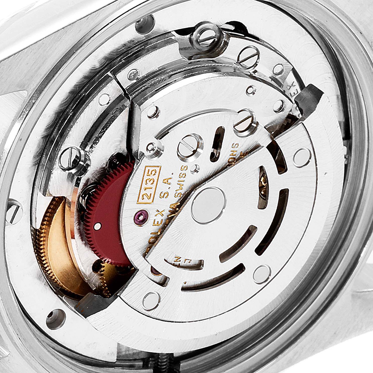 This image shows the intricate internal mechanism of a Rolex Mid-Size 68273 Women's Steel and Gold (two tone) Silver Dial 68273 Women's Steel and Gold (two tone) Silver Dial watch, viewed from the back.