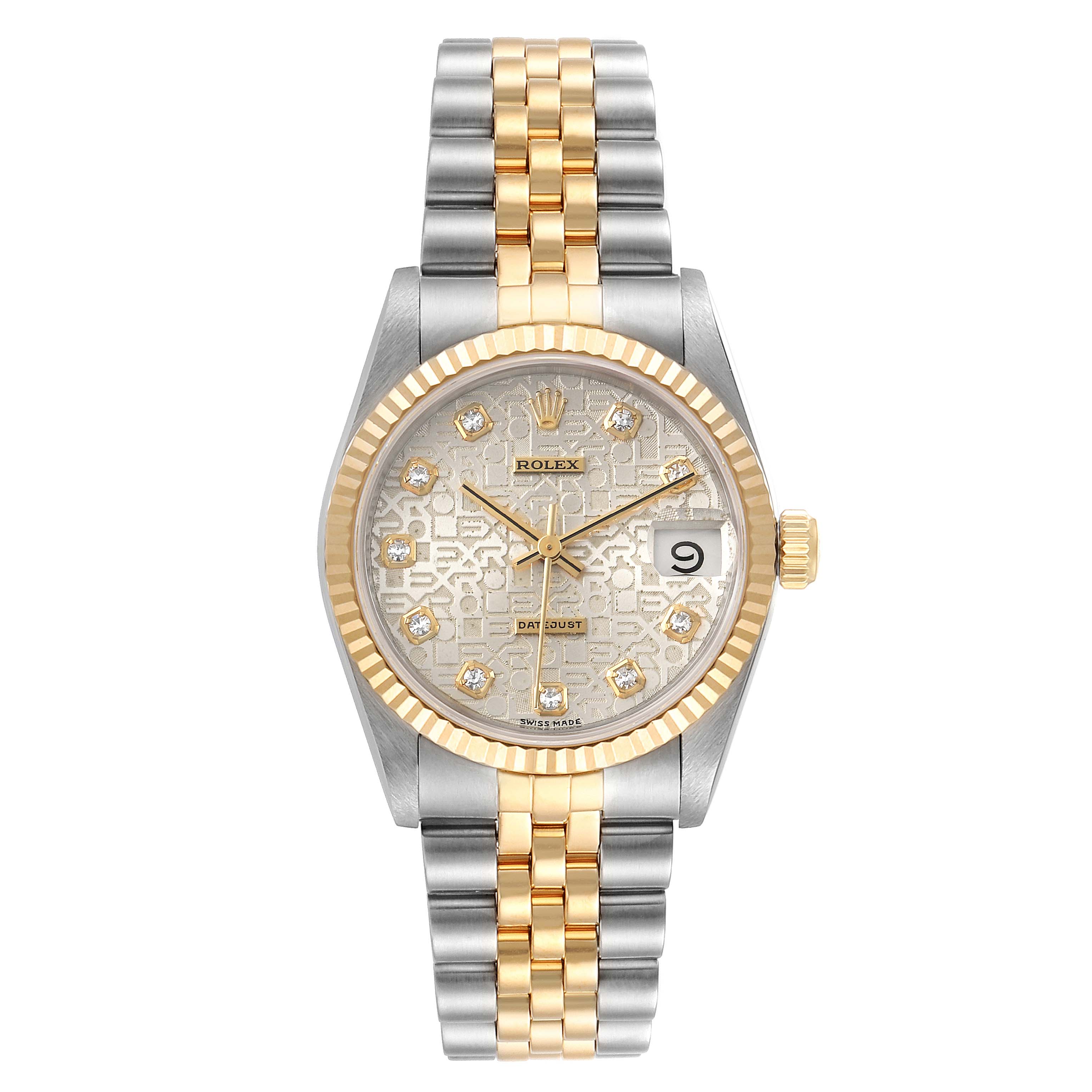 The image shows a front view of a Rolex Mid-Size 68273 Women's Steel and Gold (two tone) Silver Dial 68273 Women's Steel and Gold (two tone) Silver Dial watch with a two-tone silver and gold bracelet, diamond markers, and a date display.