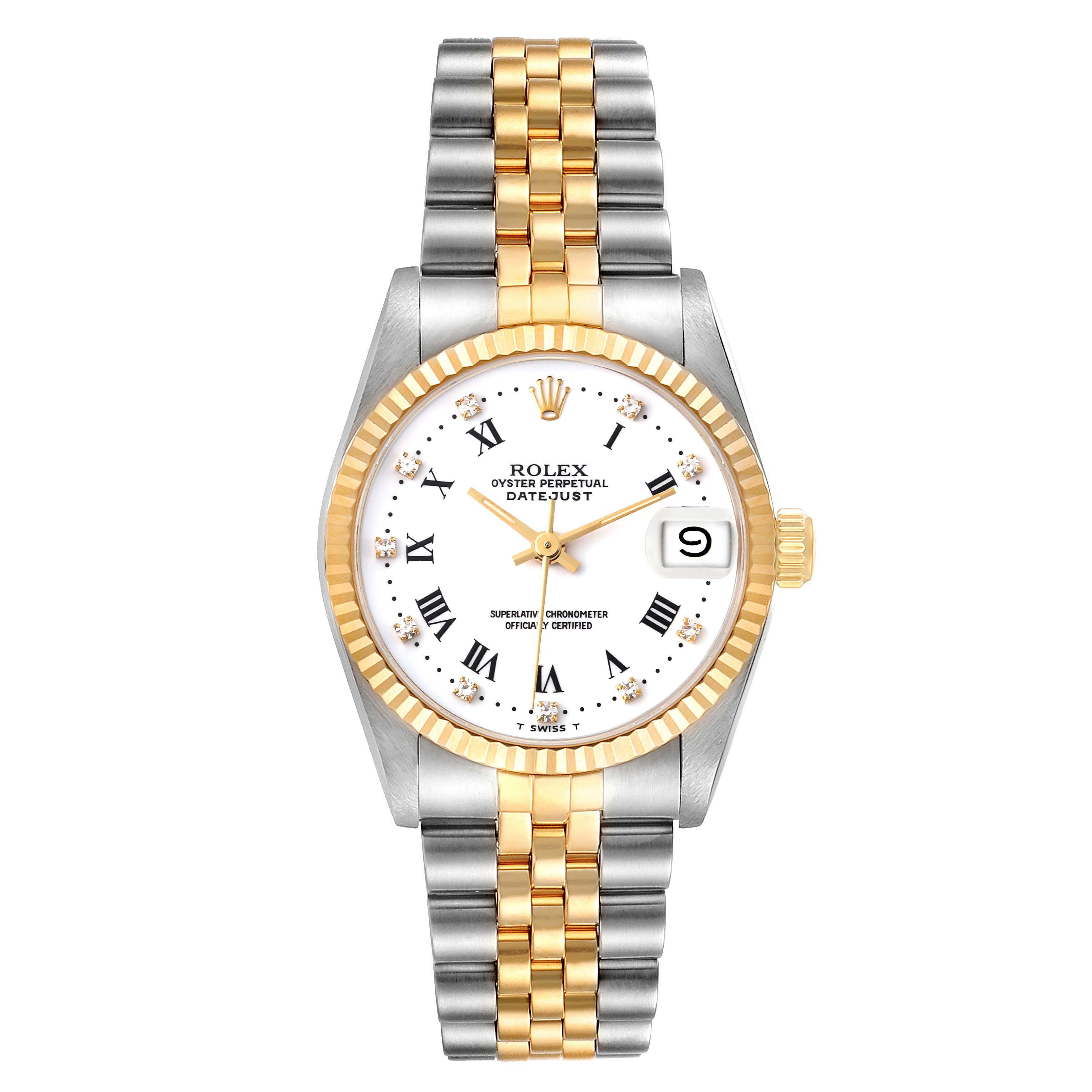 The image shows a frontal view of the Rolex Oyster Perpetual Datejust Mid-Size watch, highlighting its dial, bezel, and bracelet.