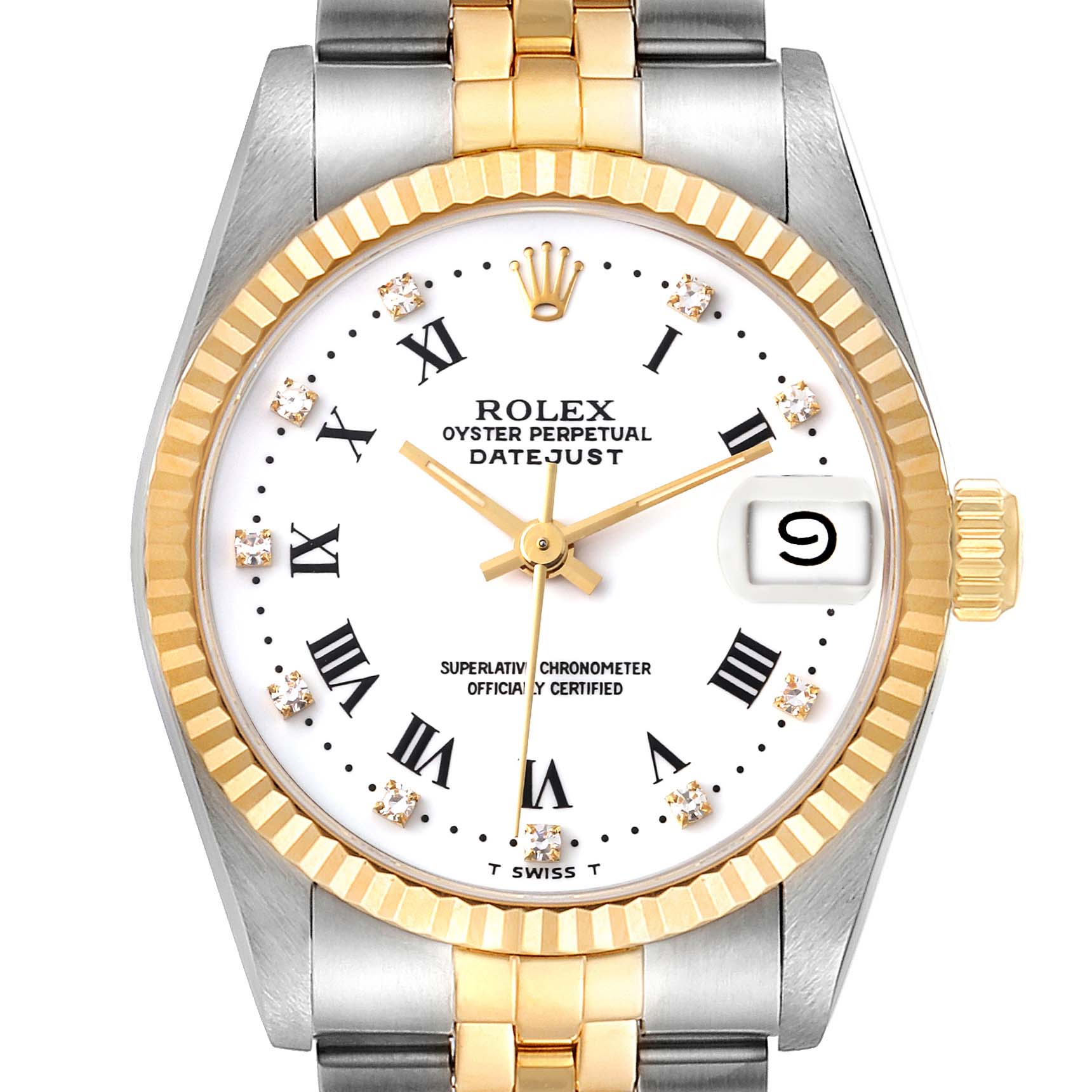 The image shows a front view of the Rolex Mid-Size 68273 Women
s Steel and Gold (two tone) White Dial 68273 Women
s Steel and Gold (two tone) White Dial Datejust watch, highlighting its face, bezel, crown, and part of the bracelet.
