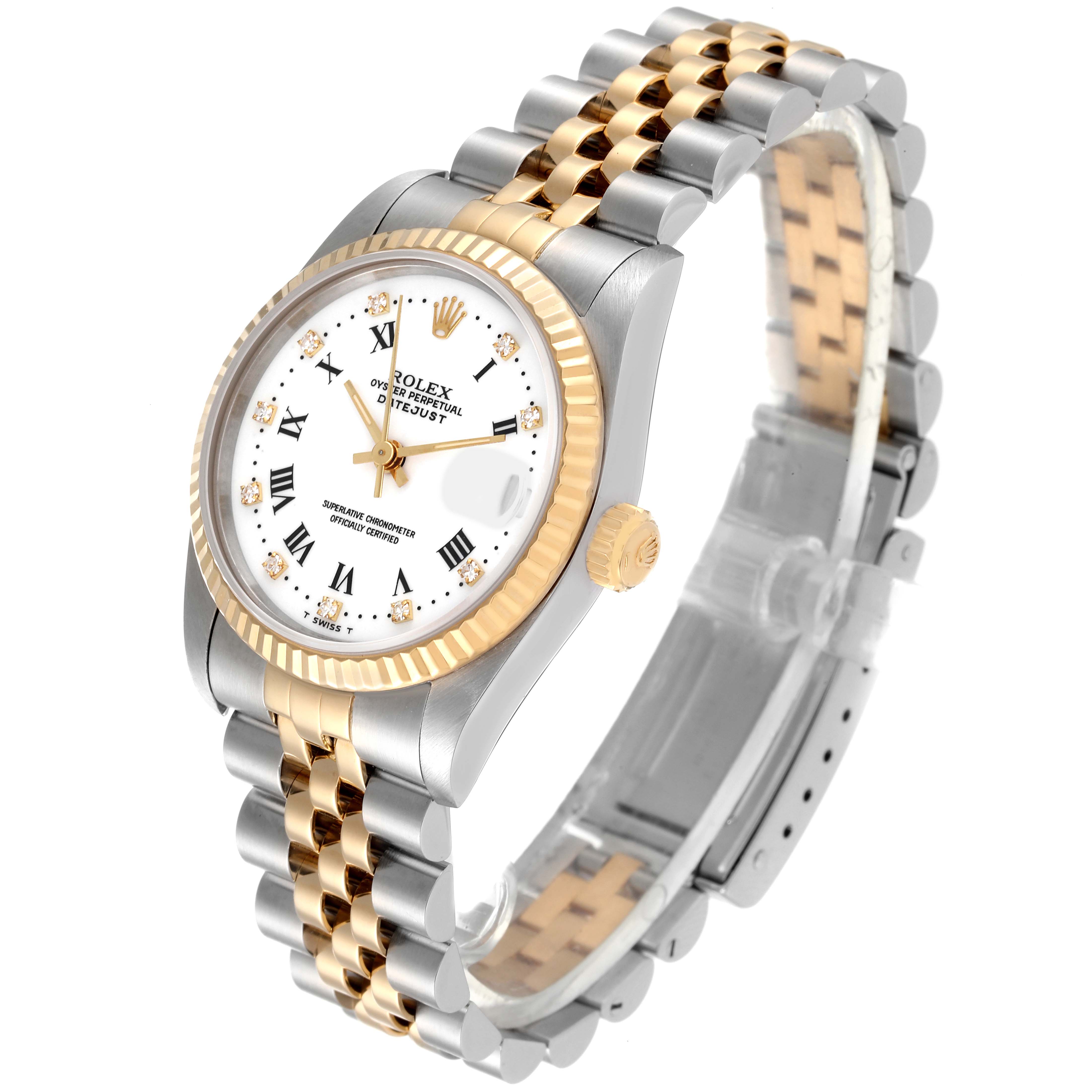 The image shows a Rolex Mid-Size 68273 Women
s Steel and Gold (two tone) White Dial 68273 Women
s Steel and Gold (two tone) White Dial Datejust watch at a slight angle, displaying its fluted bezel, two-tone bracelet, dial, and crown.