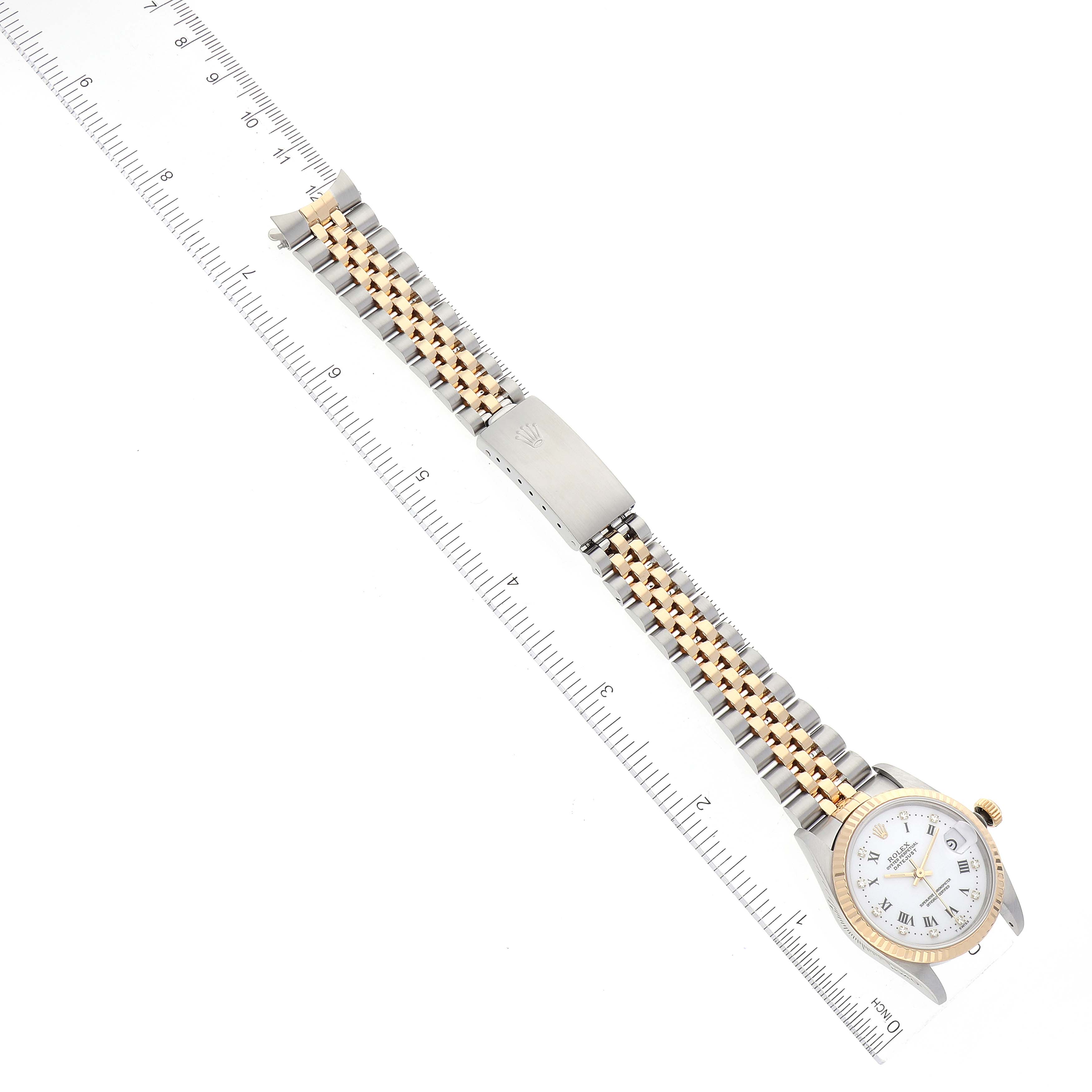 This Rolex Mid-Size 68273 Women
s Steel and Gold (two tone) White Dial 68273 Women
s Steel and Gold (two tone) White Dial model watch is shown from the front, displaying the bracelet, clasp, case, and part of the dial.