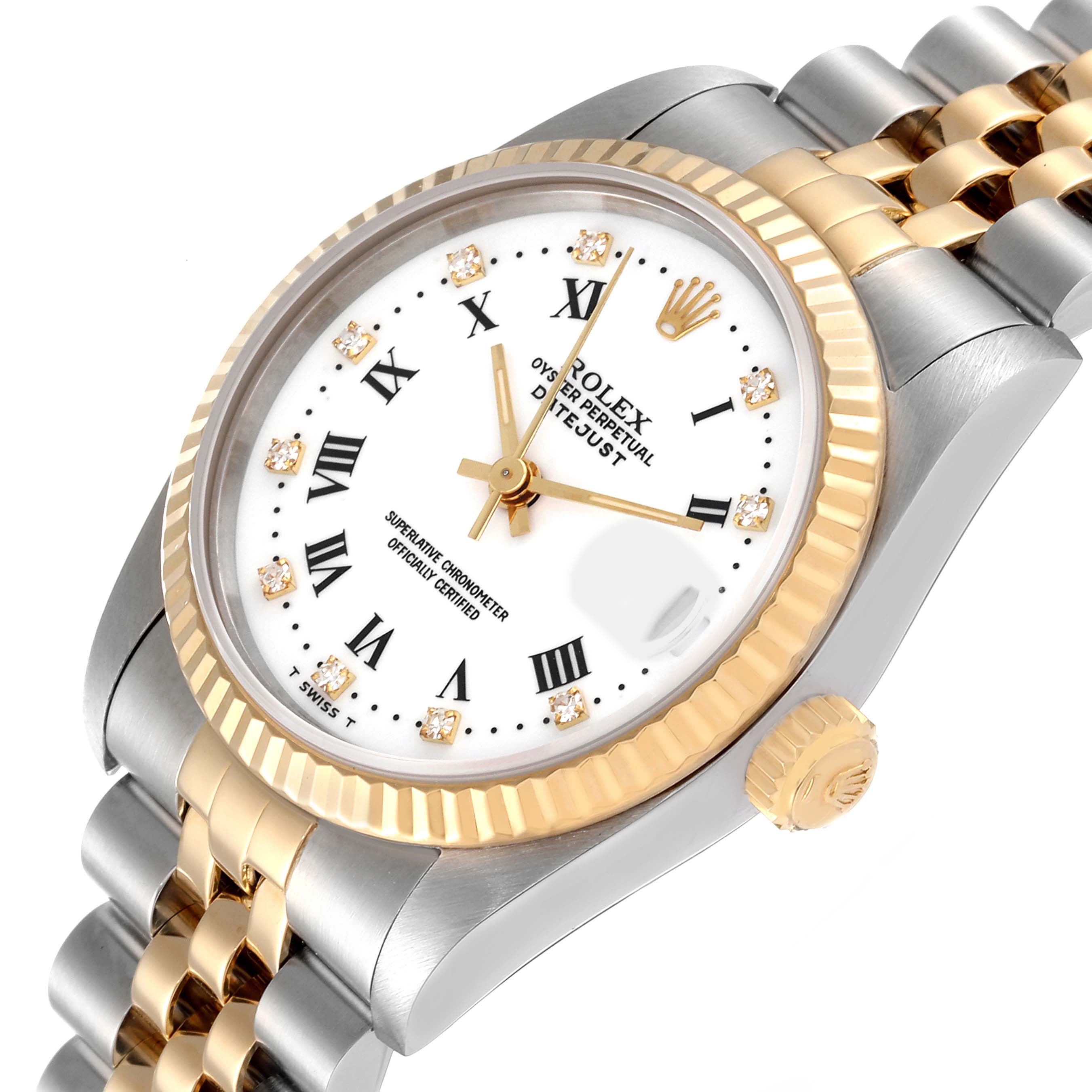 The image shows a close-up of a Rolex Mid-Size 68273 Women
s Steel and Gold (two tone) White Dial 68273 Women
s Steel and Gold (two tone) White Dial Oyster Perpetual Datejust watch, highlighting the face, fluted bezel, and two-tone bracelet.
