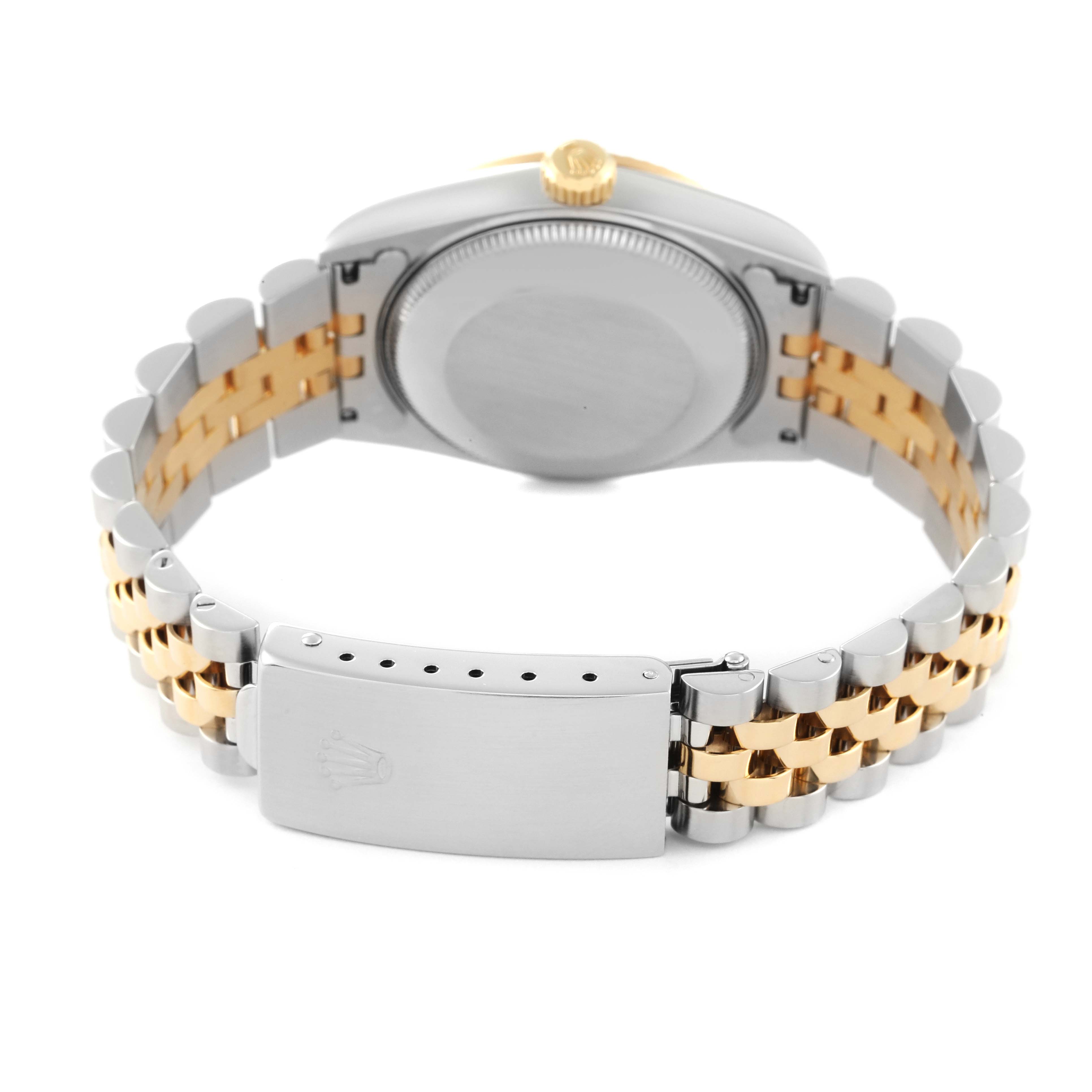 This image shows the back view of a Mid-Size Rolex watch, including the bracelet and clasp.