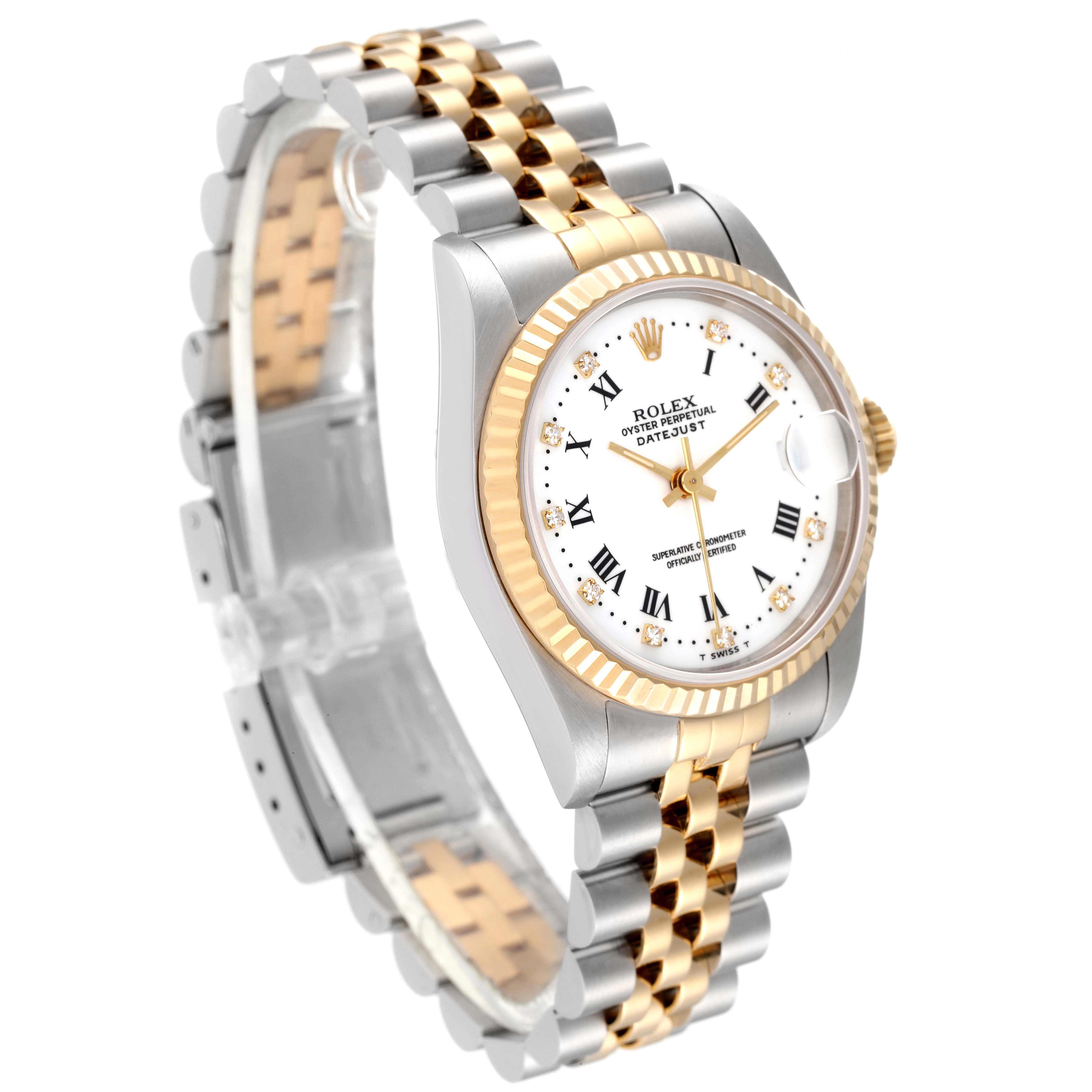The image shows a Rolex Mid-Size 68273 Women
s Steel and Gold (two tone) White Dial 68273 Women
s Steel and Gold (two tone) White Dial Datejust watch from a front-angle, displaying the dial, bezel, and two-tone bracelet.