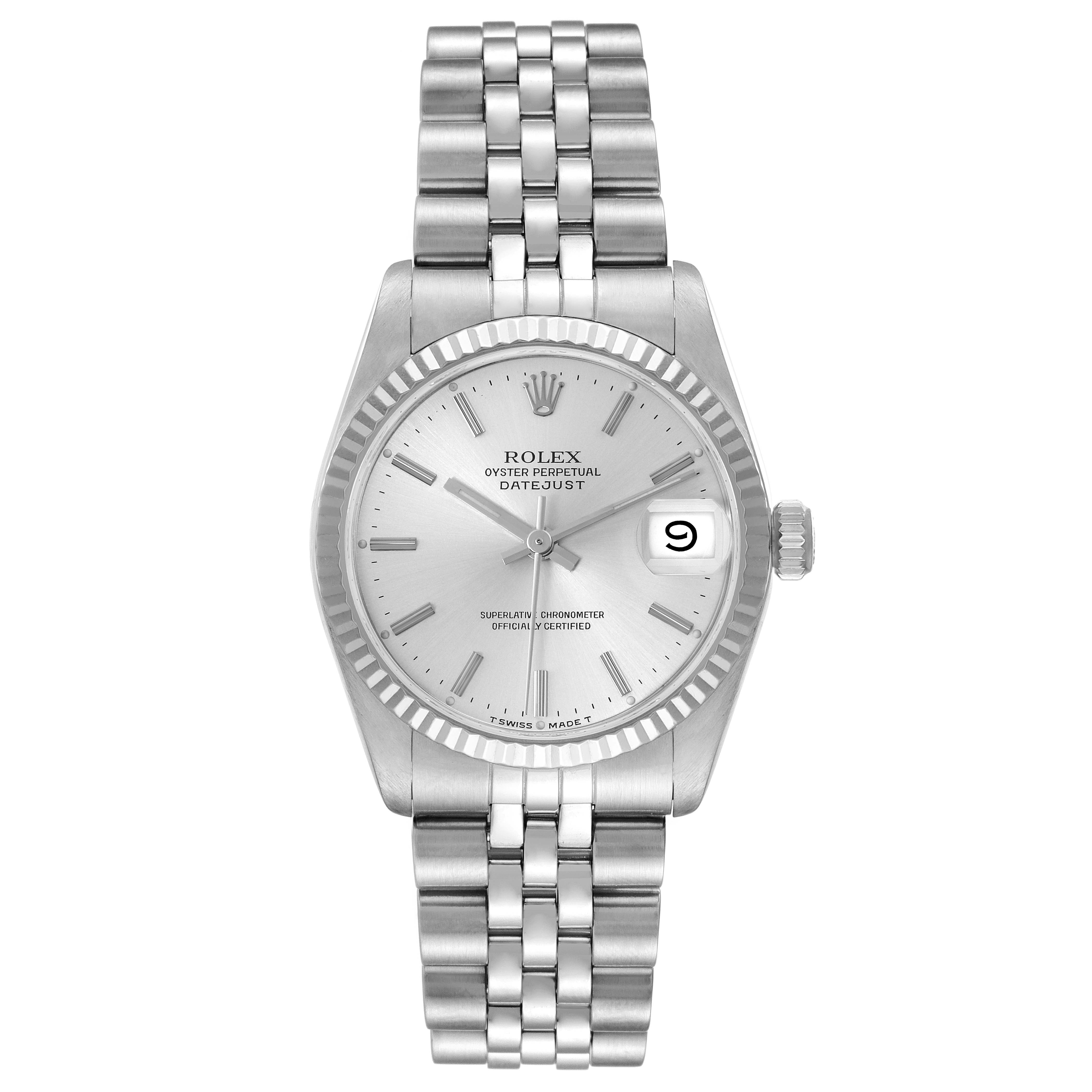 The Rolex Mid-Size 68274 Women's Stainless Steel Silver Dial 68274 Women's Stainless Steel Silver Dial Datejust watch is shown from the front, displaying the dial, bezel, crown, and bracelet.