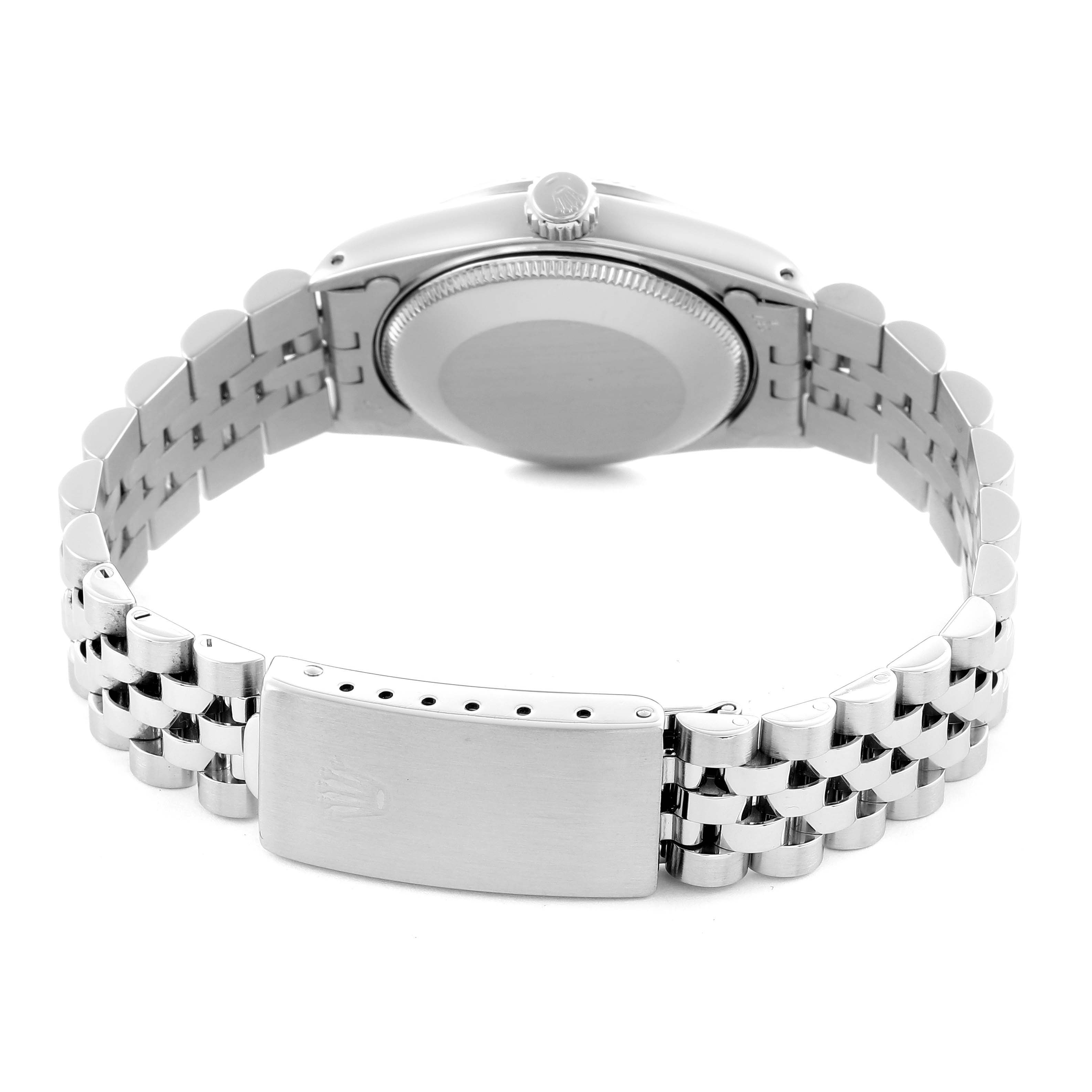 The image shows the back of a Rolex Mid-Size 68274 Women's Stainless Steel Silver Dial 68274 Women's Stainless Steel Silver Dial watch, including the case back, crown, and bracelet clasp.