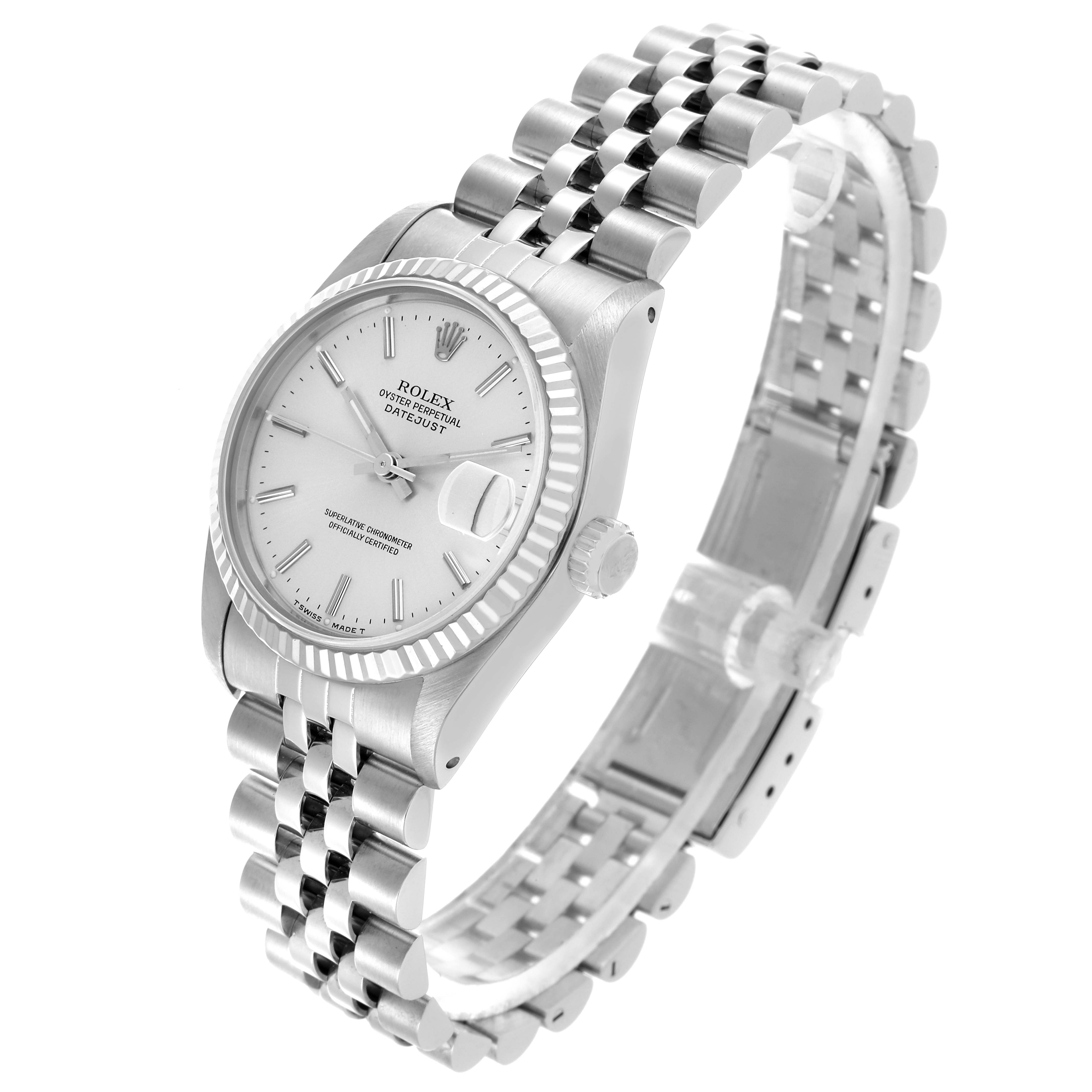 The Rolex Mid-Size 68274 Women's Stainless Steel Silver Dial 68274 Women's Stainless Steel Silver Dial watch is photographed from an angled view, showing the face, bezel, case, crown, and bracelet.